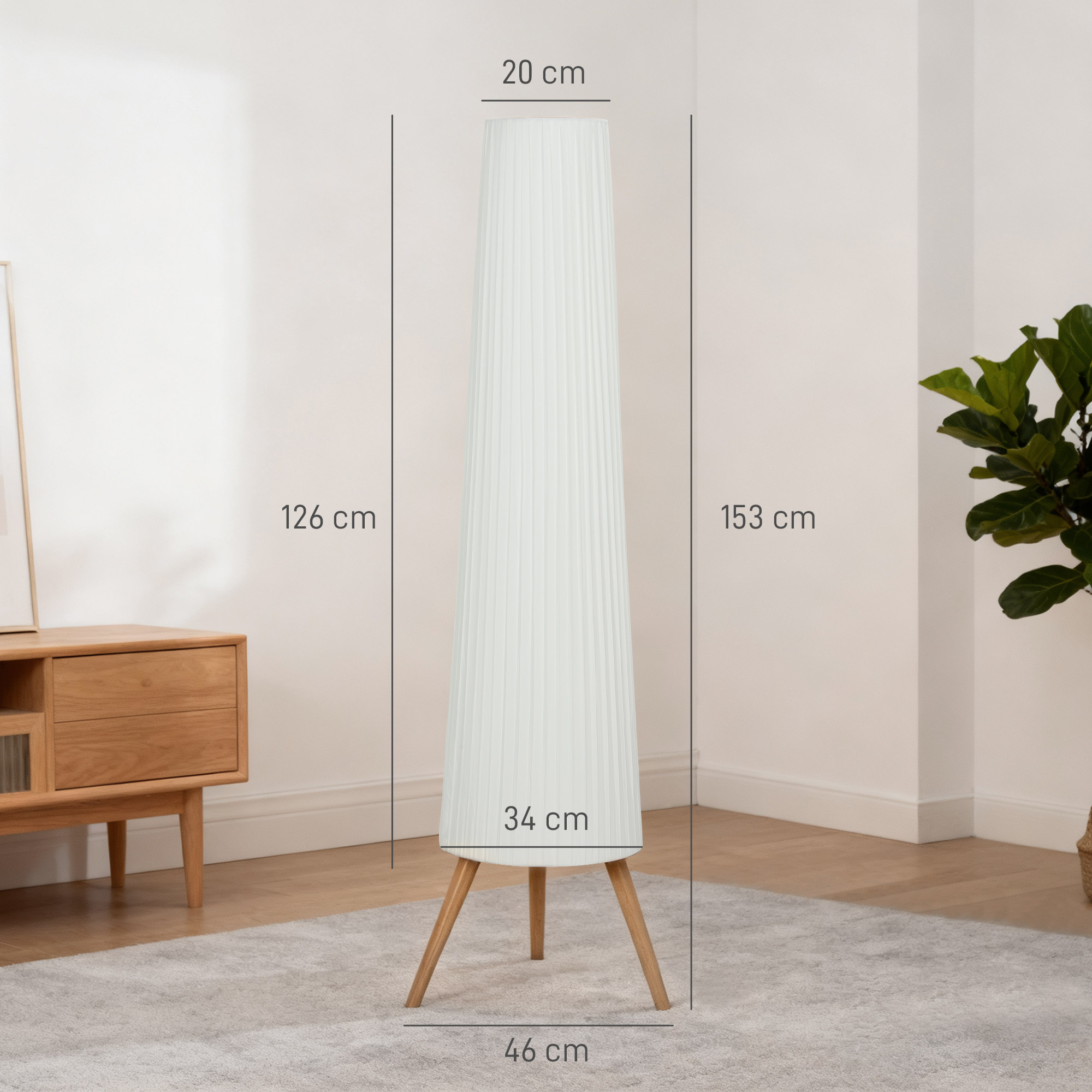 Una lámpara de pie blanca con patas de madera en una habitación, con medidas.