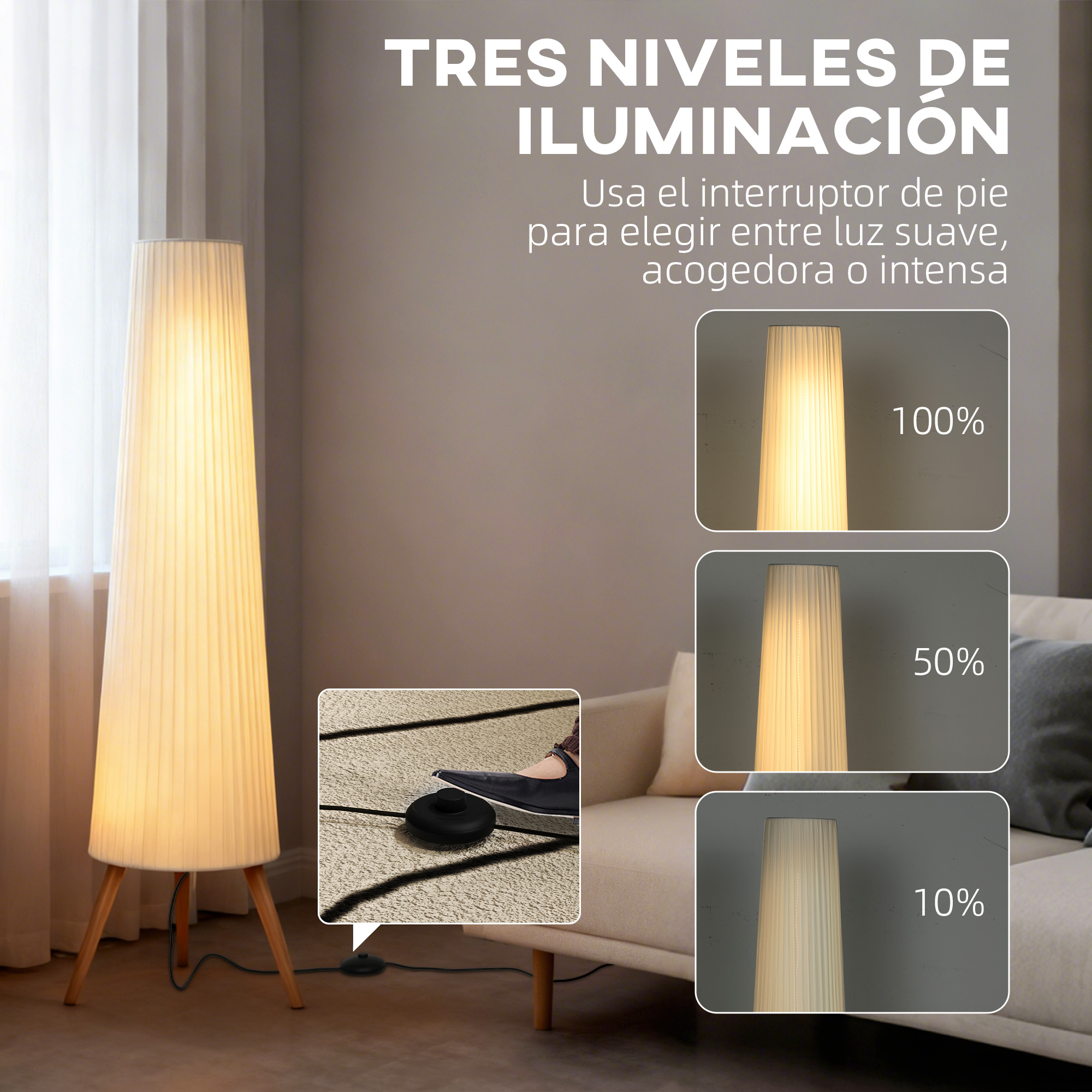 Lámpara de pie con pantalla de tela e interruptor de pie para tres niveles de brillo.