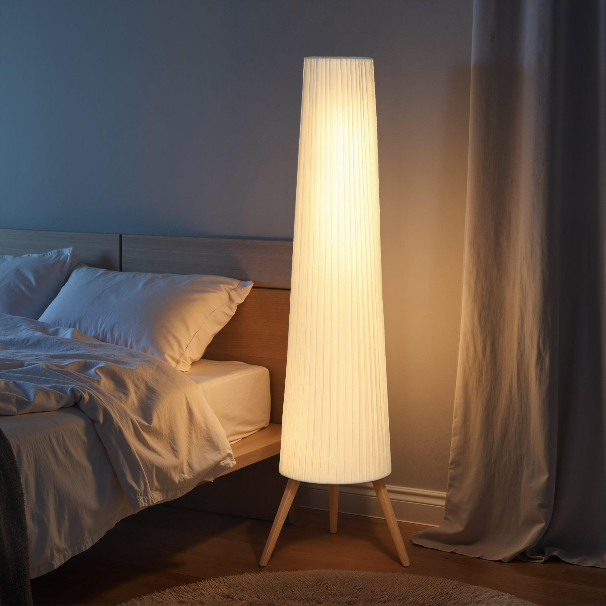 Una lámpara de pie brillante se encuentra en un dormitorio al lado de una cama con ropa de cama blanca y cortinas.
