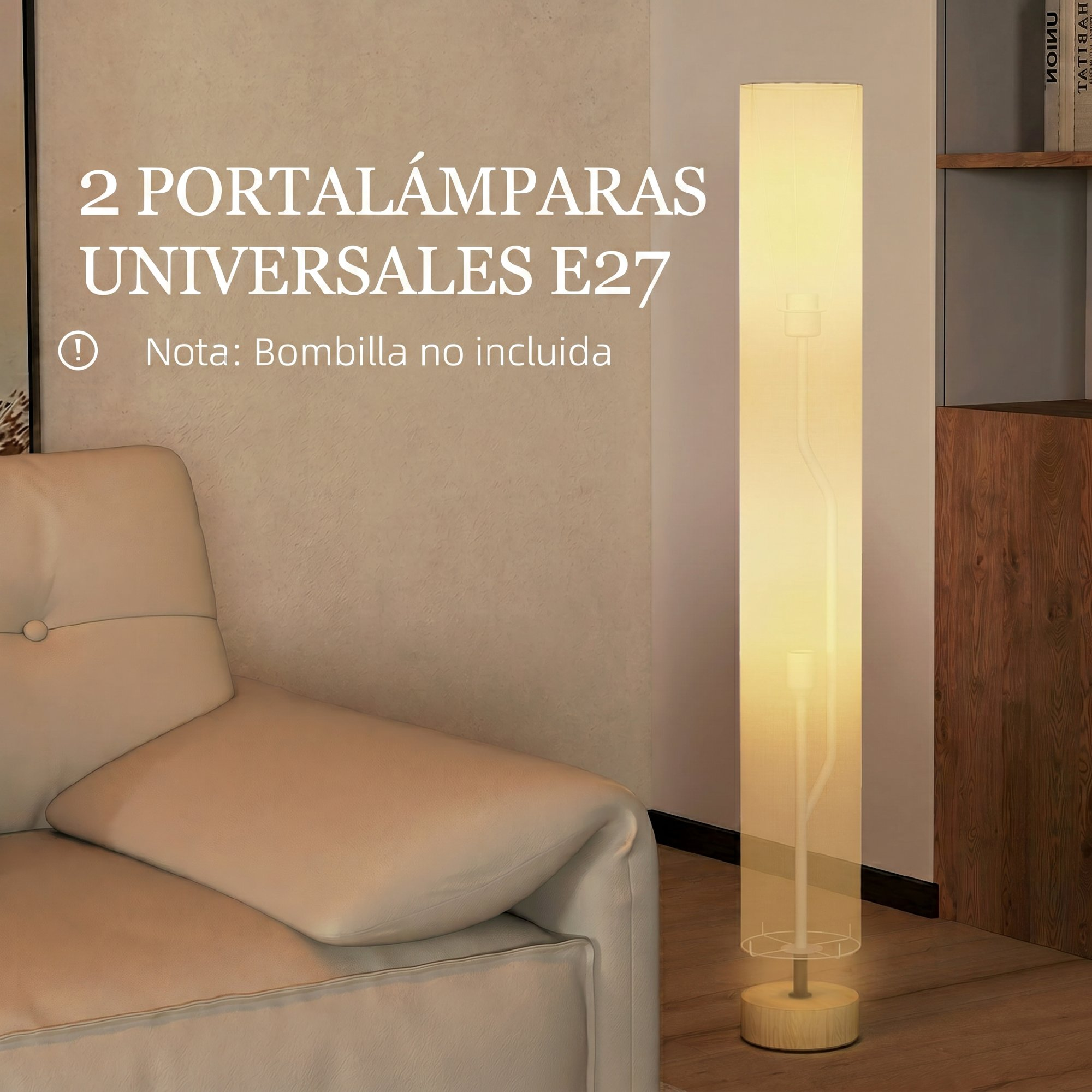 Una lámpara de pie cilíndrica iluminada junto a un sofá beige en una habitación con un mueble de madera.