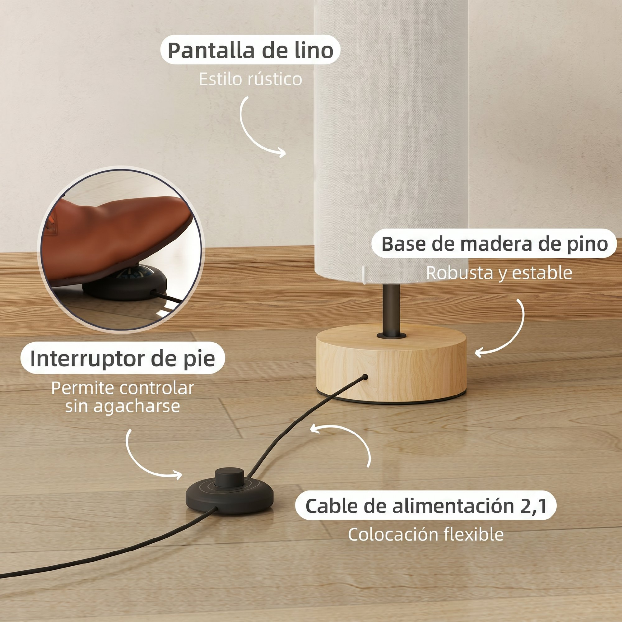 Lámpara de pie con base de madera, pantalla de tela, interruptor de pie y cable.