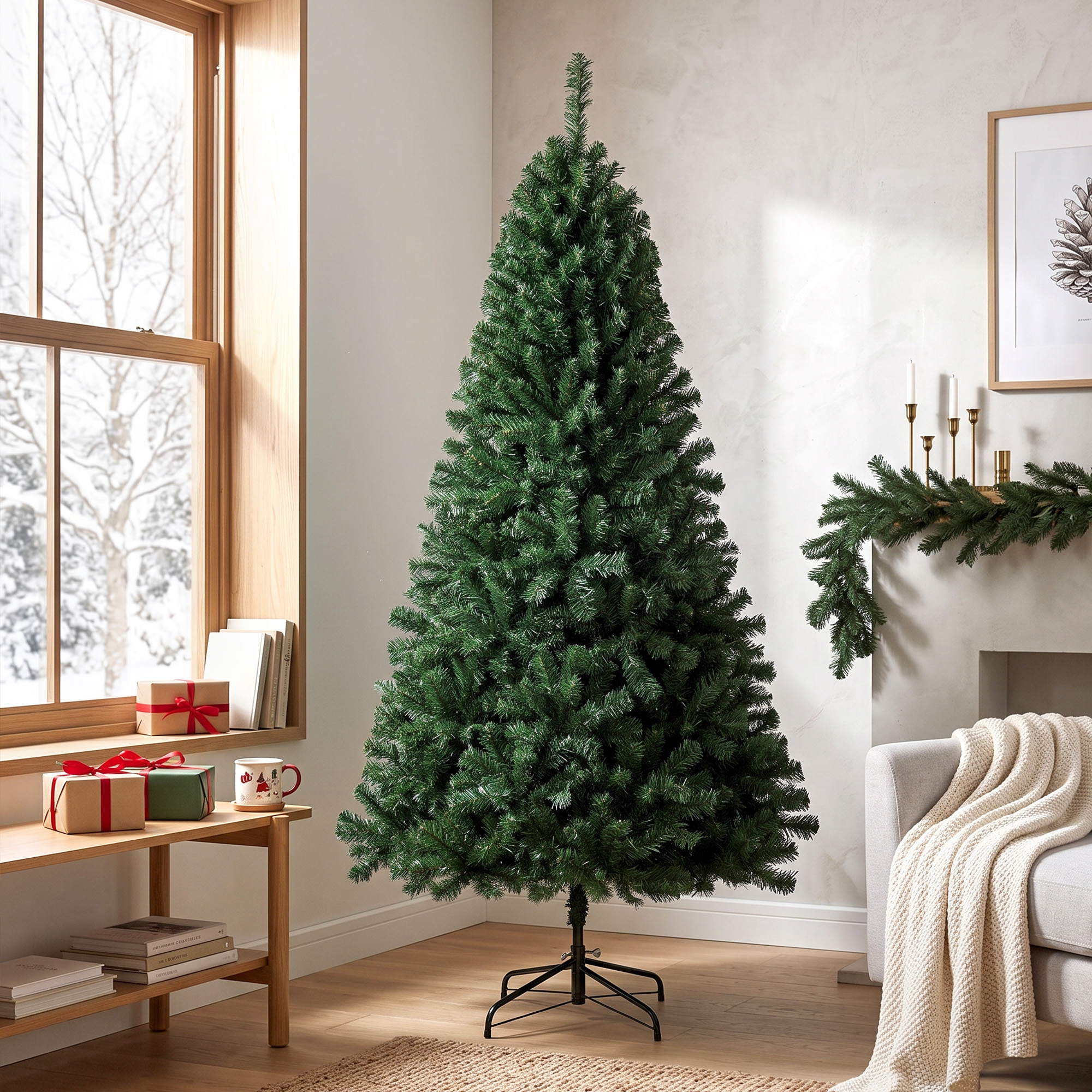 Un árbol de Navidad artificial alto y verde se encuentra en una sala luminosa con chimenea, regalos y una ventana.