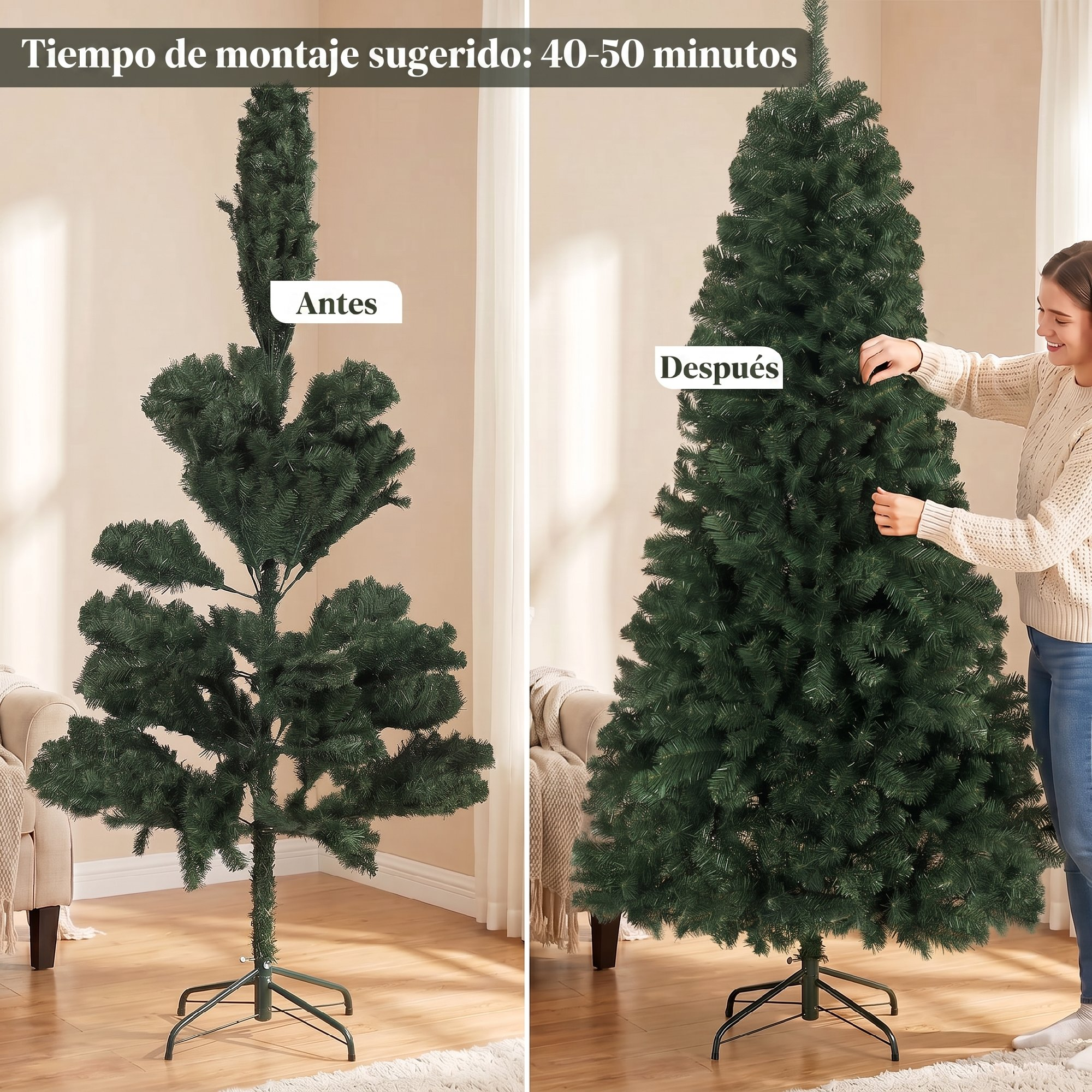 Comparación de antes y después muestra un árbol de navidad artificial antes y después del montaje.