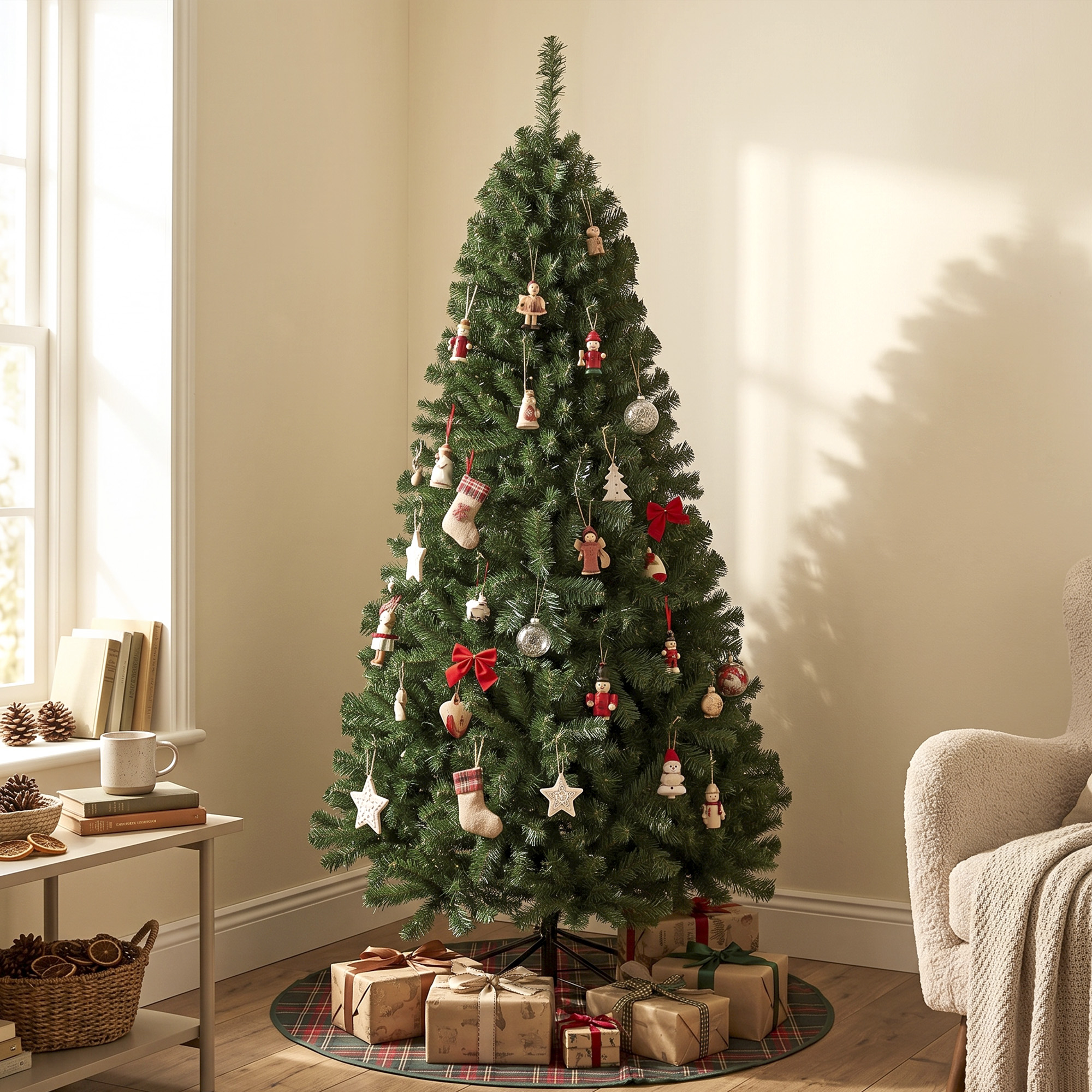 Un árbol de Navidad decorado con regalos debajo se encuentra en una habitación luminosa junto a un sillón y una ventana.