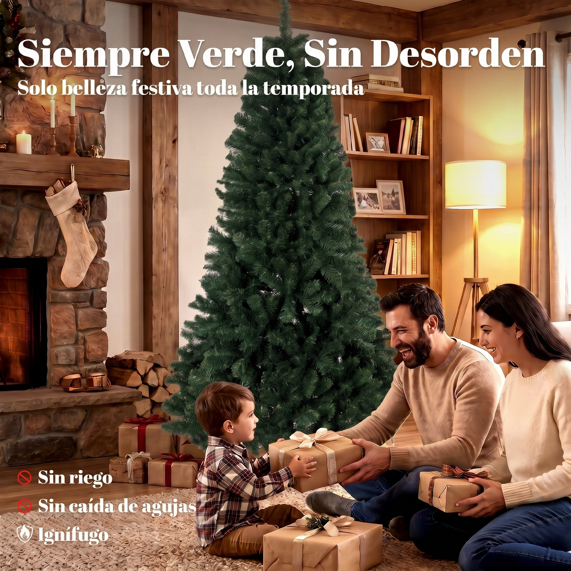 Familia junto a árbol artificial de Navidad, abriendo regalos en sala acogedora.