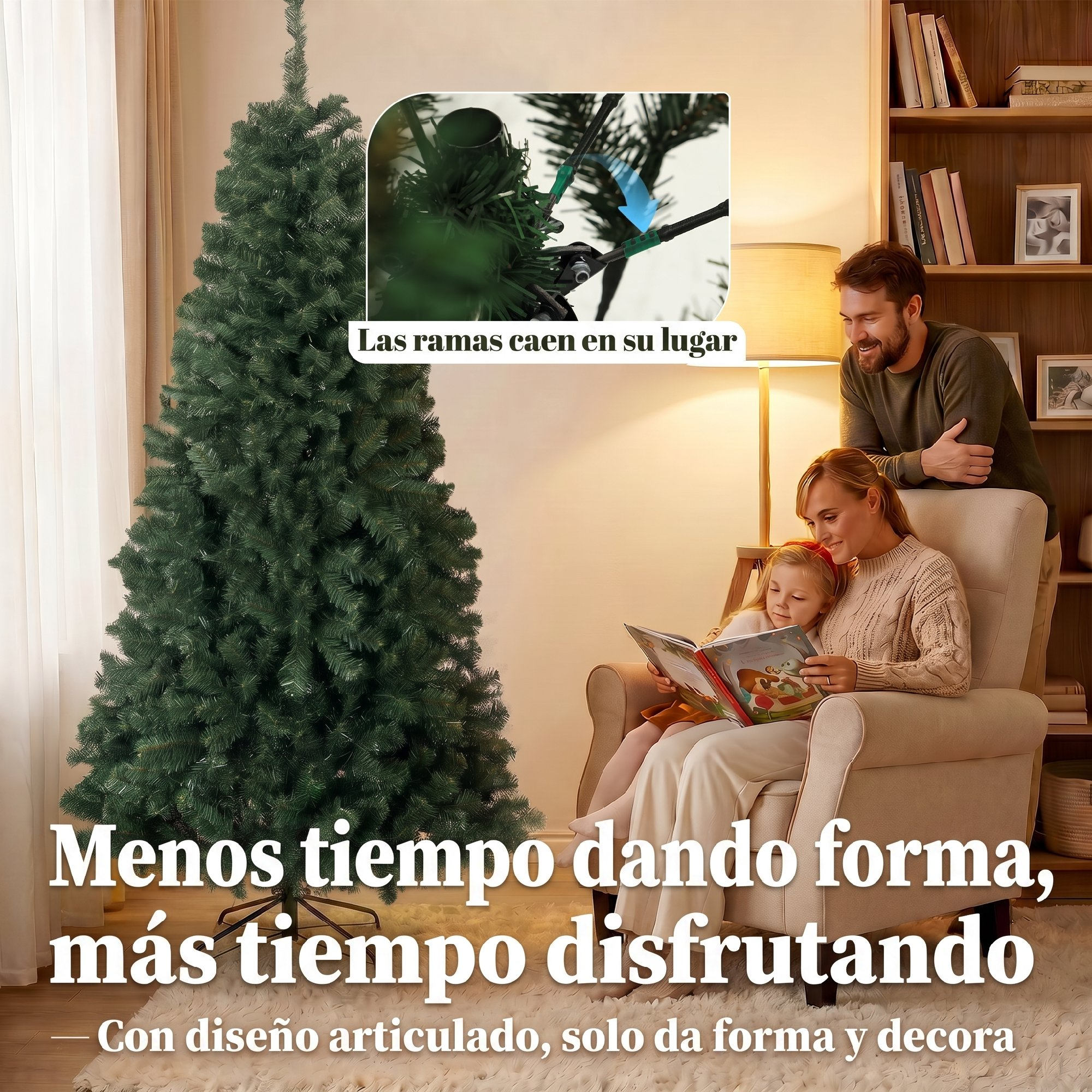 Una familia lee junta cerca de un árbol de Navidad artificial en una sala.