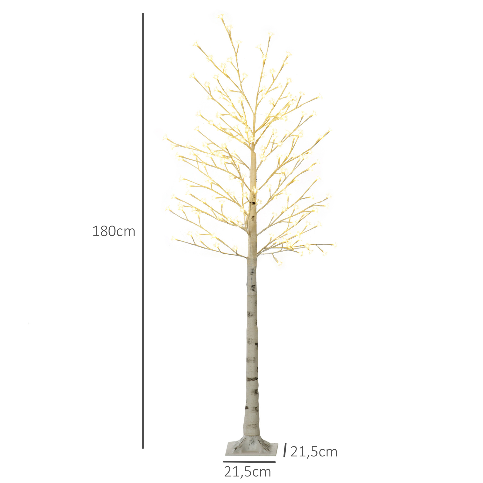 Árbol de abedul artificial iluminado de 180 cm de altura y base de 21,5 cm sobre fondo blanco.
