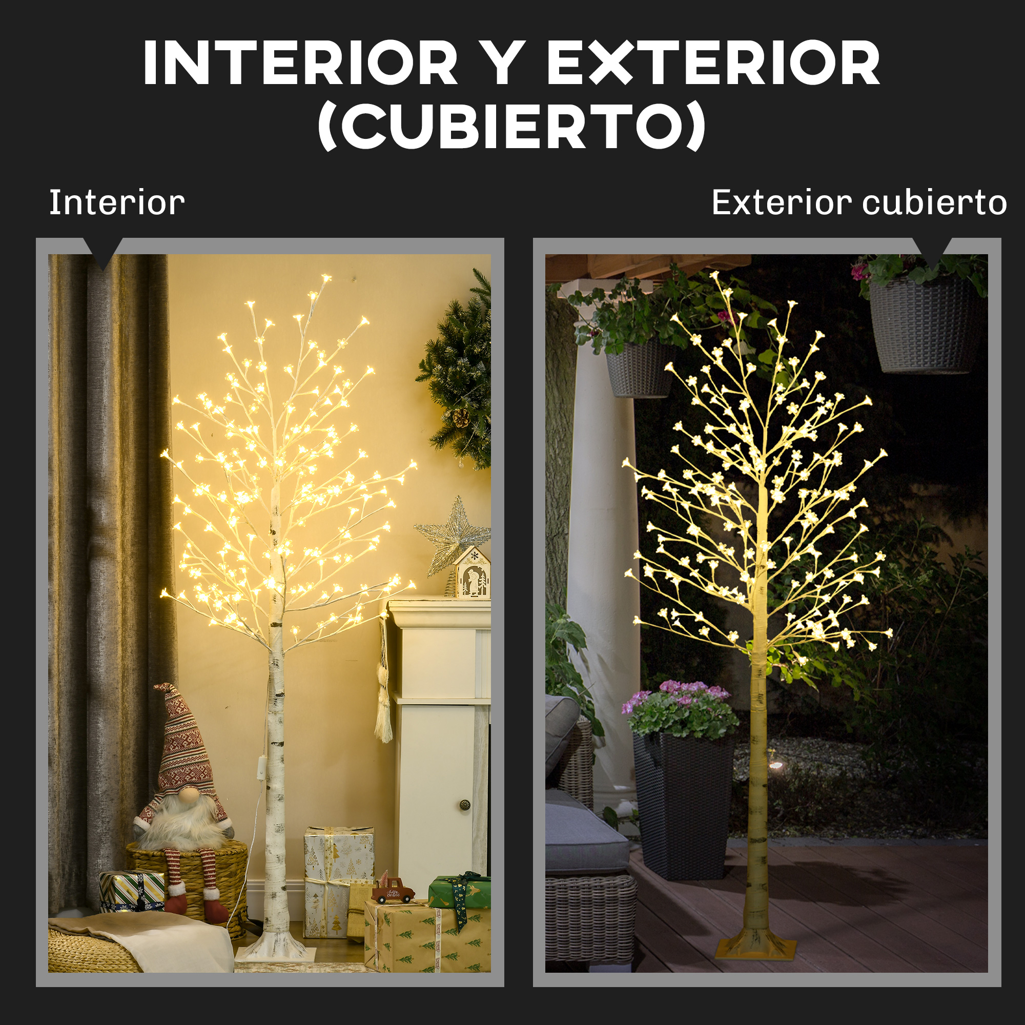 Árbol de abedul LED iluminado para interior y exterior cubierto con decoración.