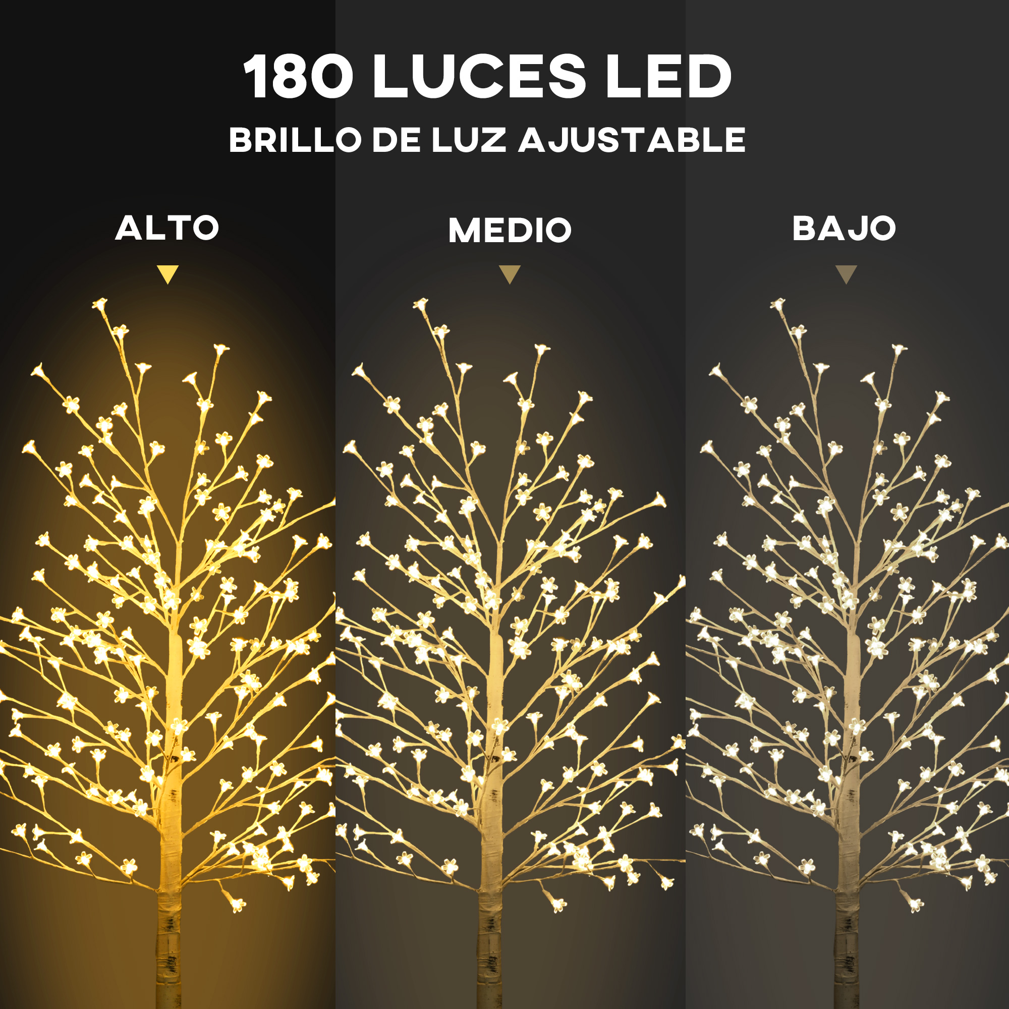 Un árbol de luz LED que muestra tres niveles de brillo ajustables: alto, medio y bajo.