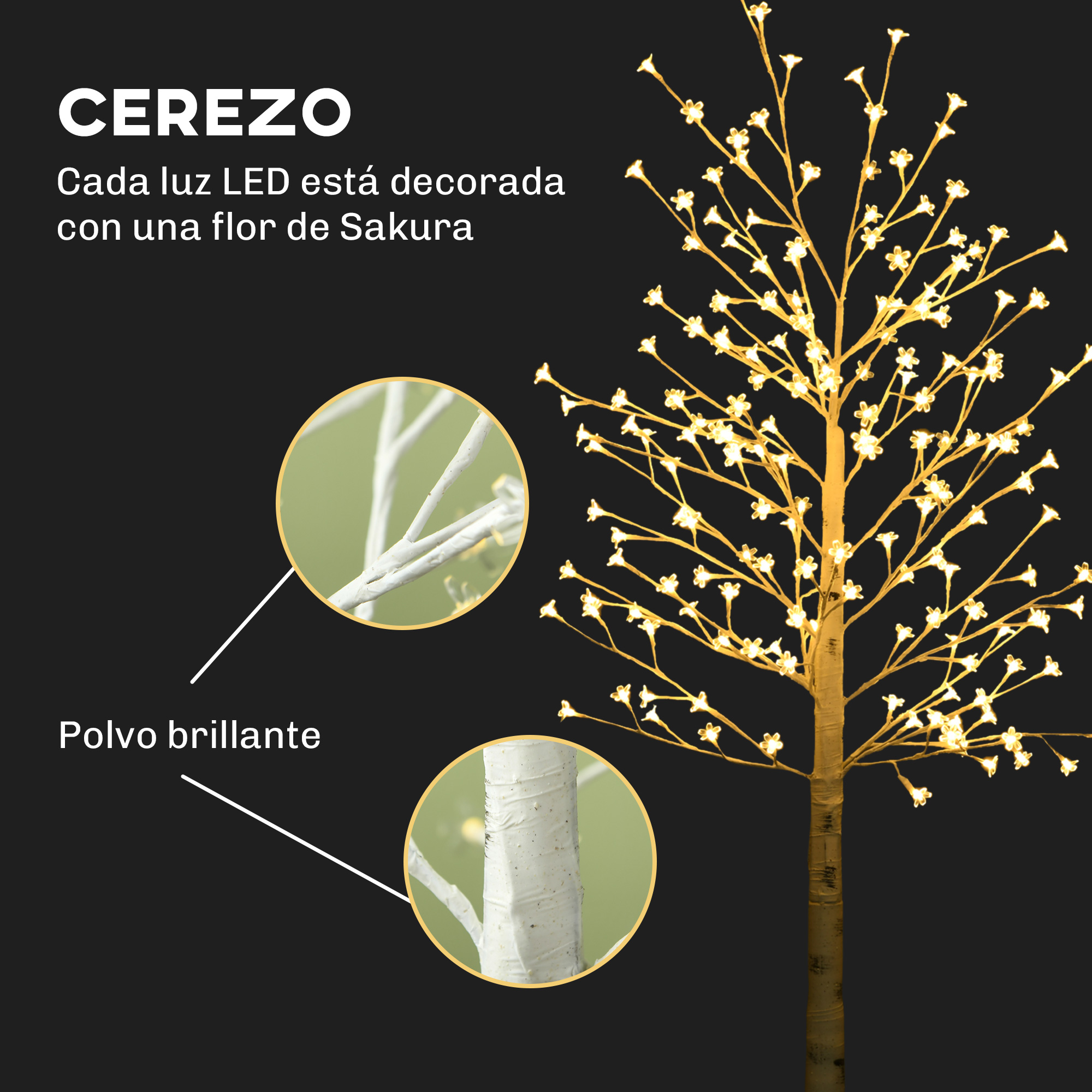 Árbol de cerezo iluminado con LEDs blancos cálidos, ramas blancas y detalles de polvo brillante sobre fondo negro.