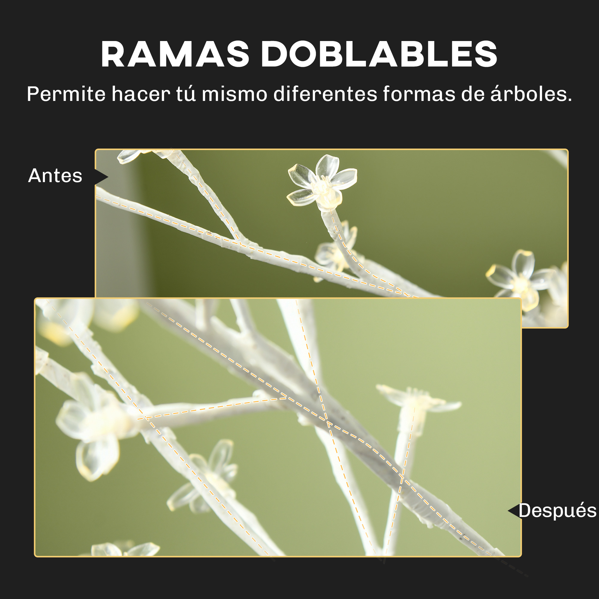Imágenes de comparación muestran ramas artificiales blancas flexibles con flores sobre fondo verde.