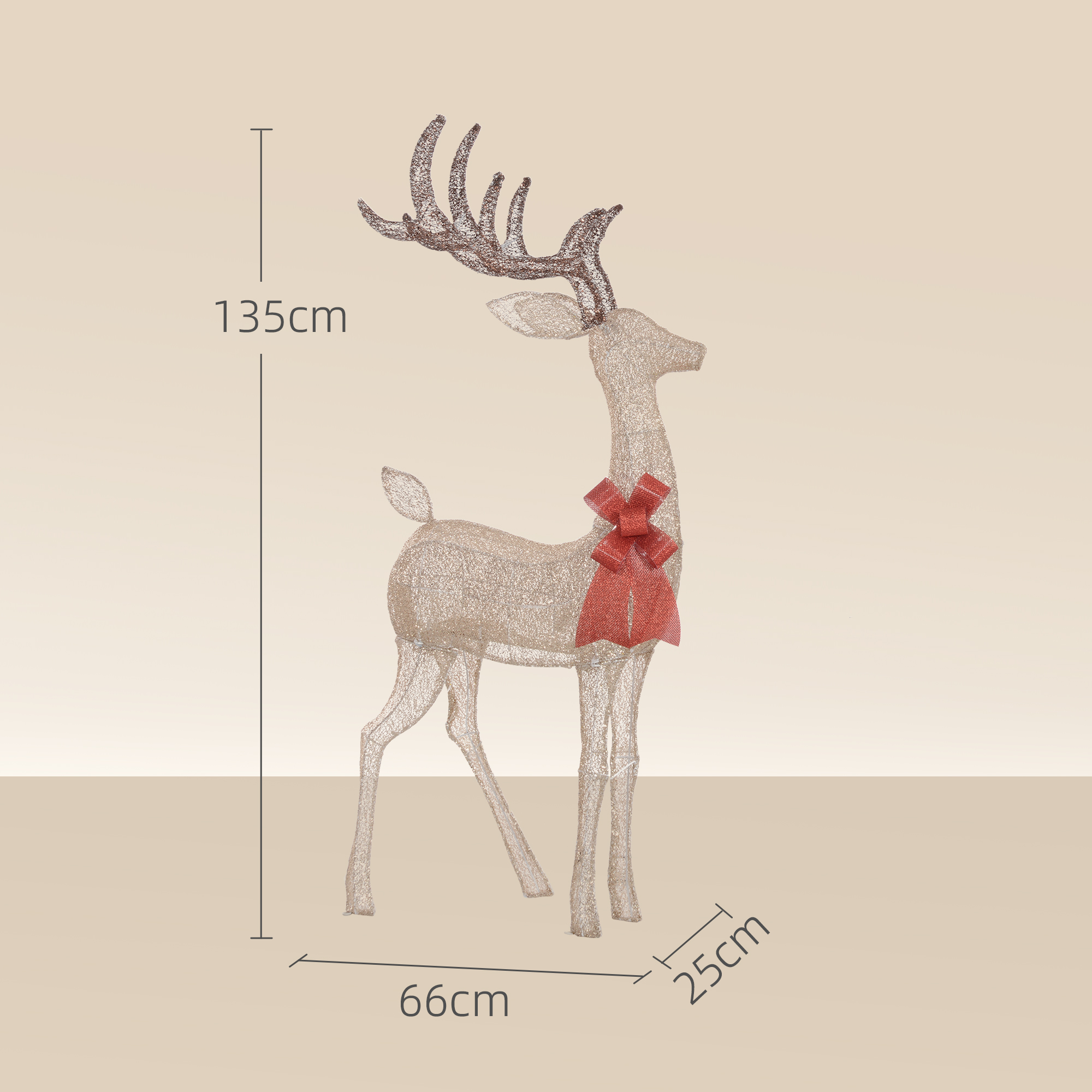 Figura navideña de reno brillante con lazo rojo, 135 cm de alto, con dimensiones.