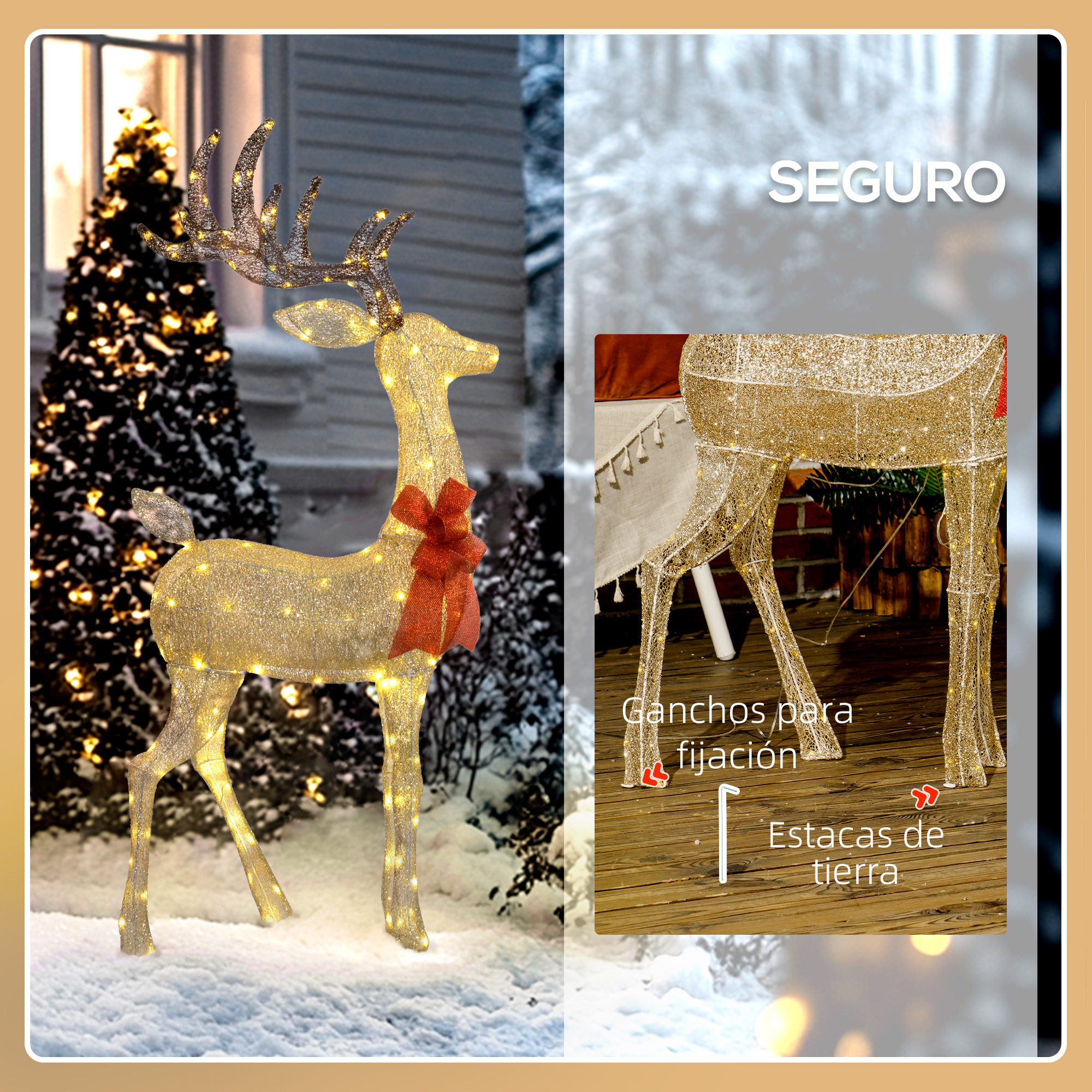 Figura navideña de reno iluminado en la nieve con ganchos de fijación.