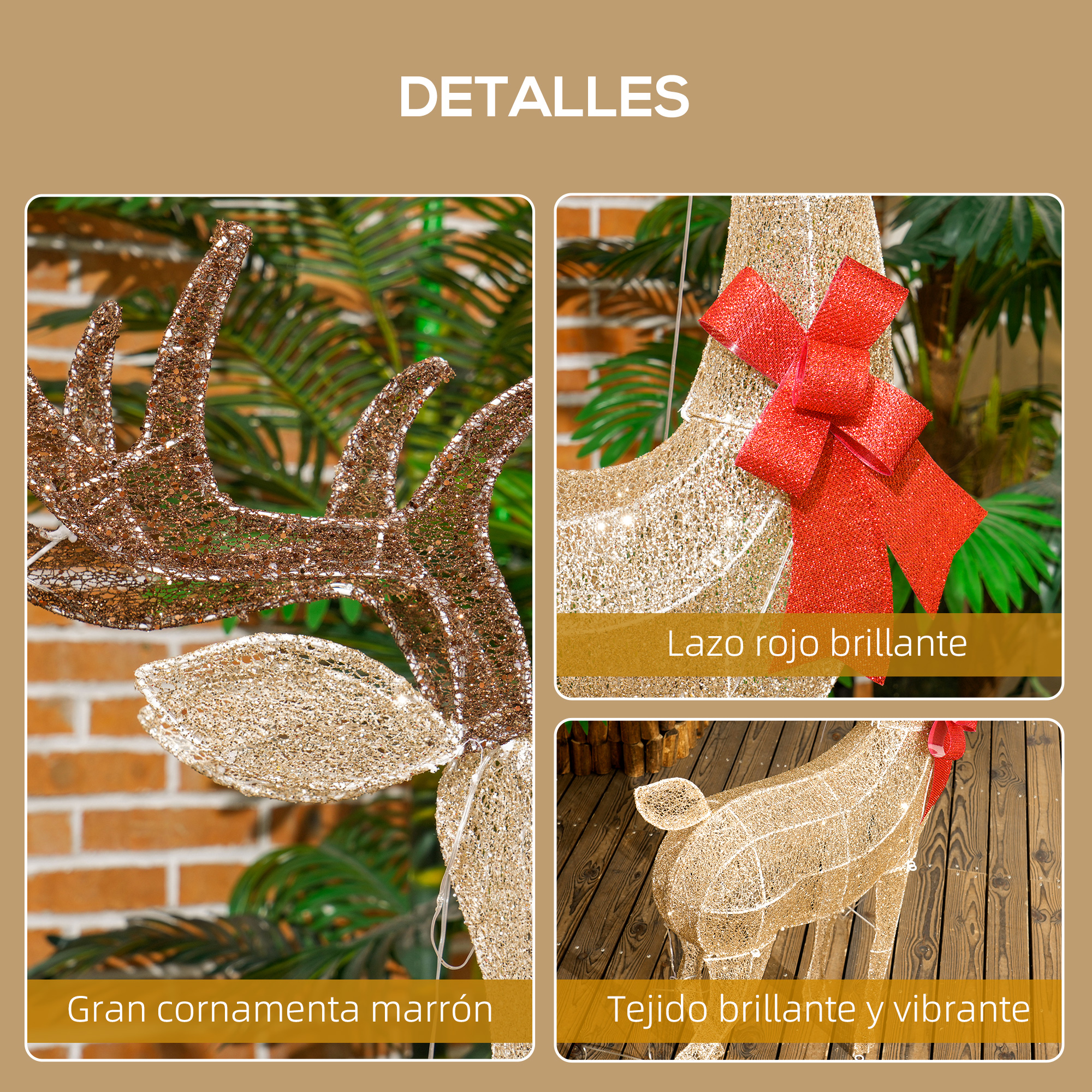 Detalles de un reno decorativo brillante con astas marrones, cuerpo dorado y un lazo rojo.