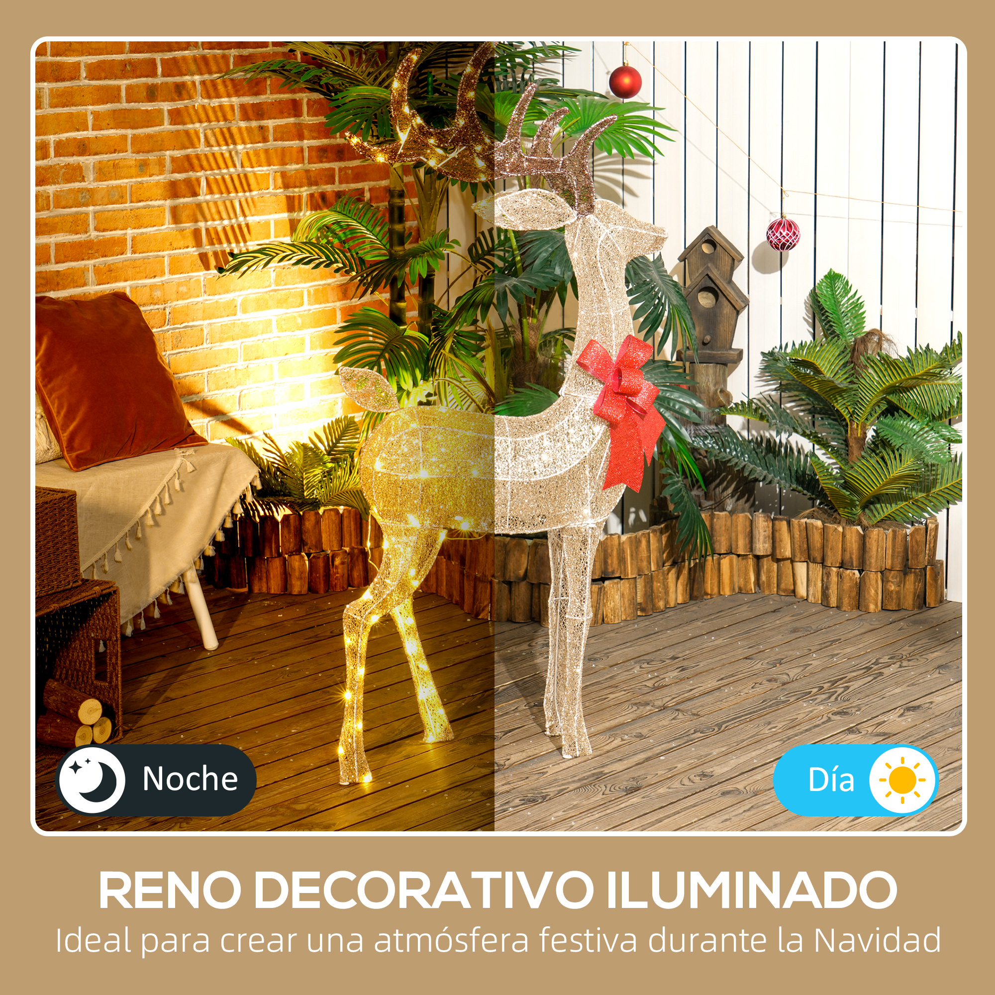 Figura de reno de alambre iluminada con lazo rojo, comparada de noche y de día ante una pared.