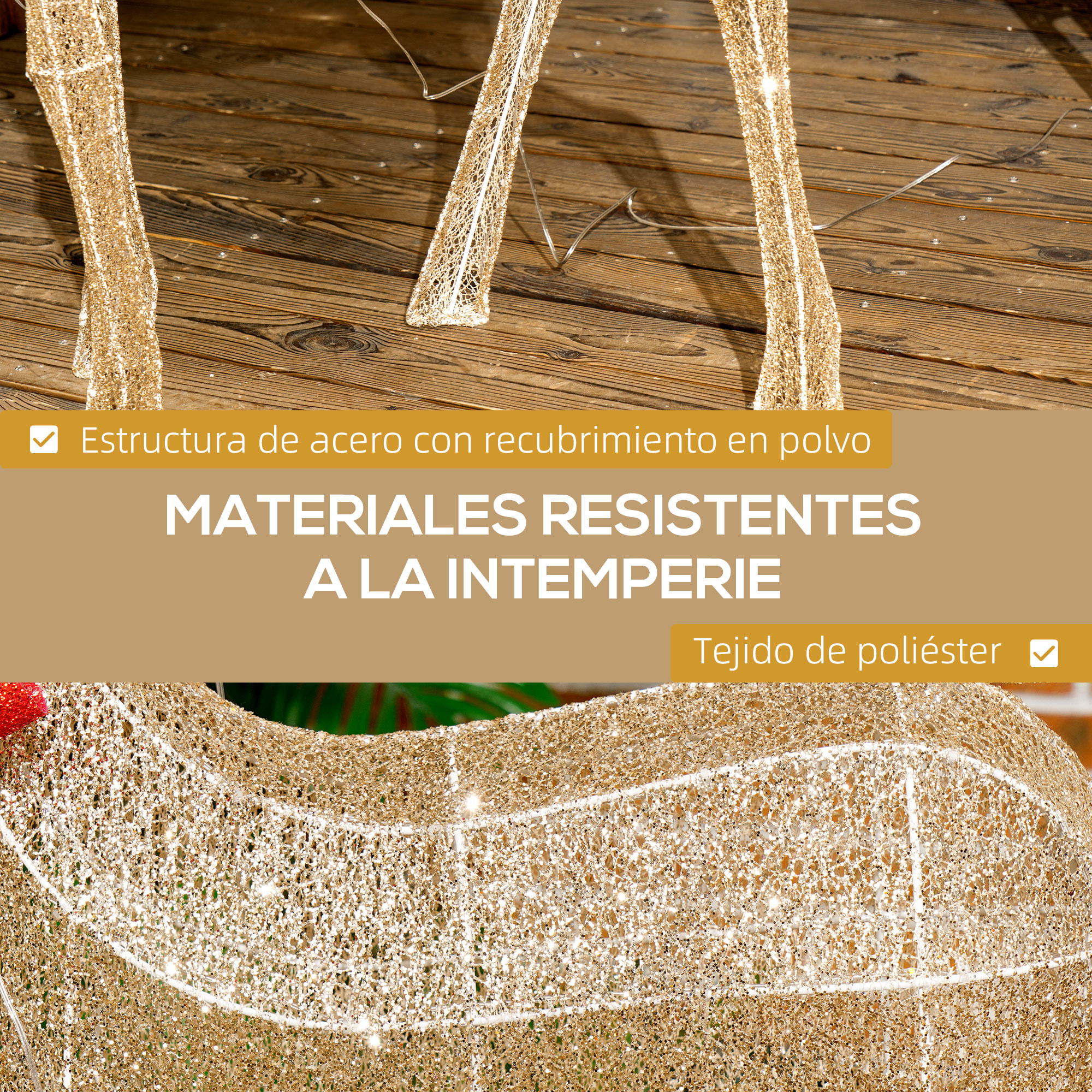 Decoración brillante dorada sobre madera con texto.