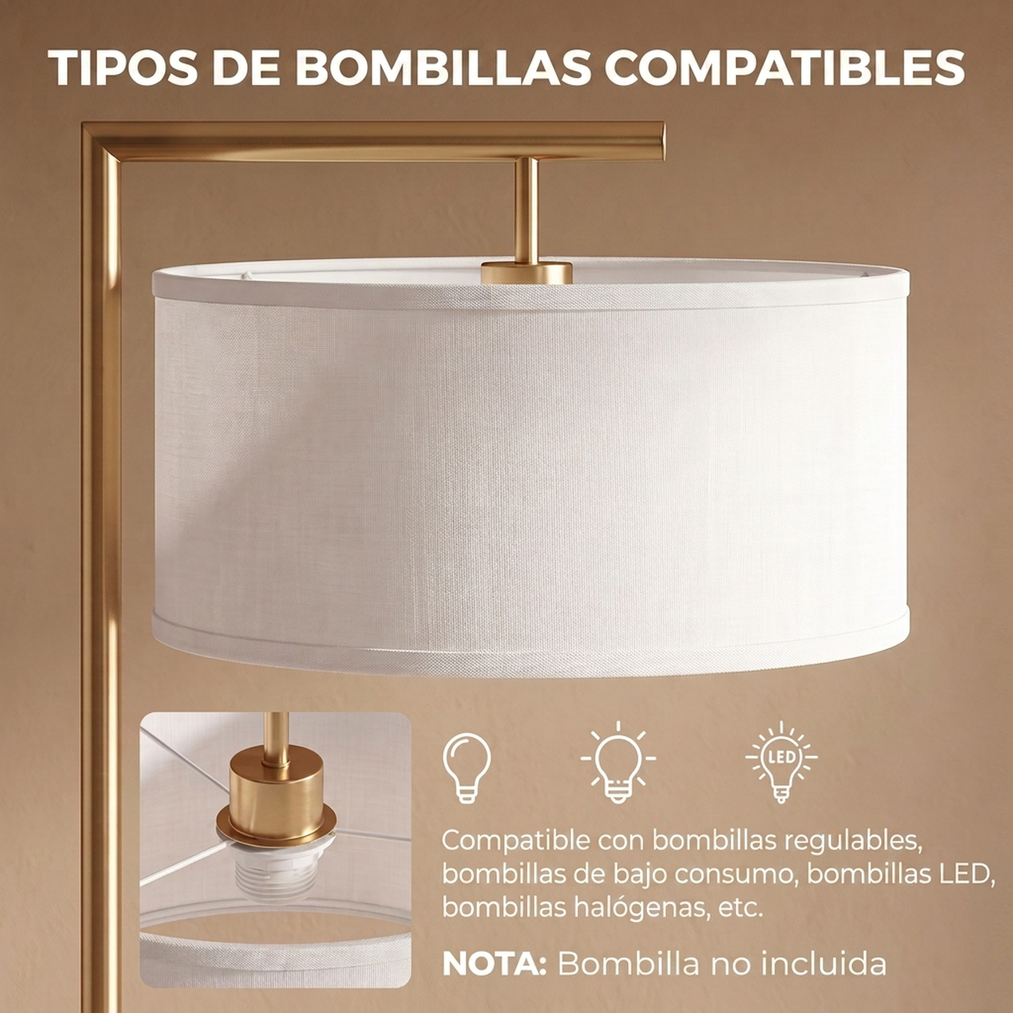 Lámpara dorada con pantalla blanca muestra bombillas regulables, LED y halógenas compatibles. Bombilla no incluida.