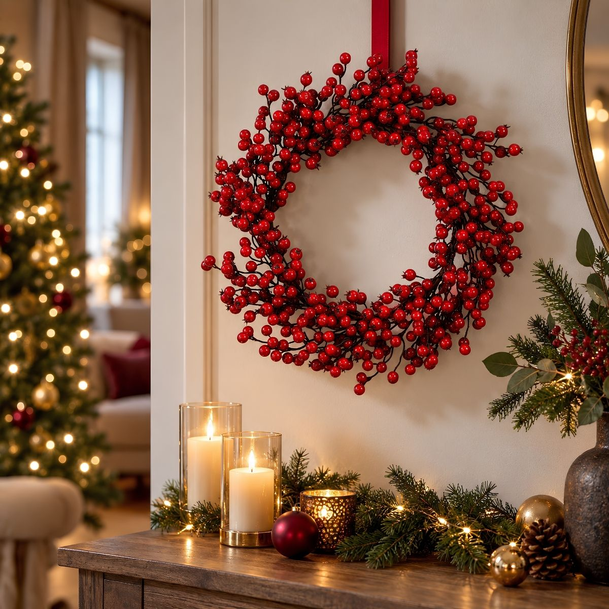 A festive red berry wreath hangs on a wall above a wooden mantel with lit candles, pine branches, and ornaments.