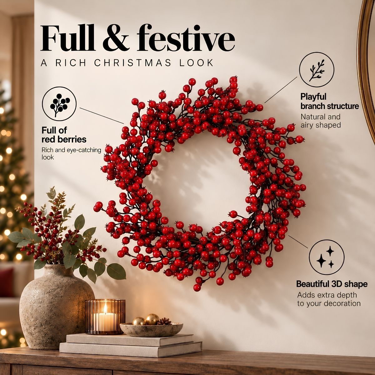 A red berry Christmas wreath on a wall, with explanatory callouts and holiday decor below.