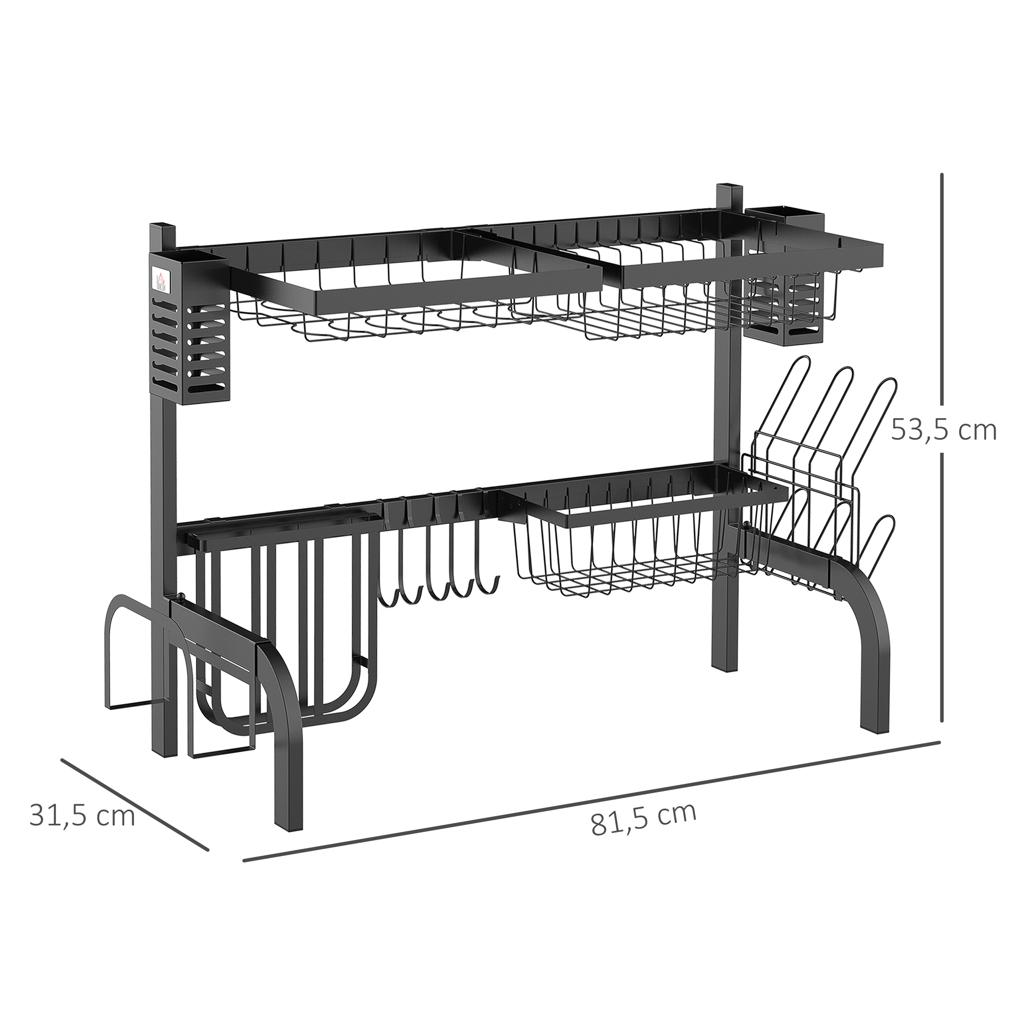 Escurridor de platos de metal negro de dos niveles con dimensiones de 81,5x31,5x53,5 cm.