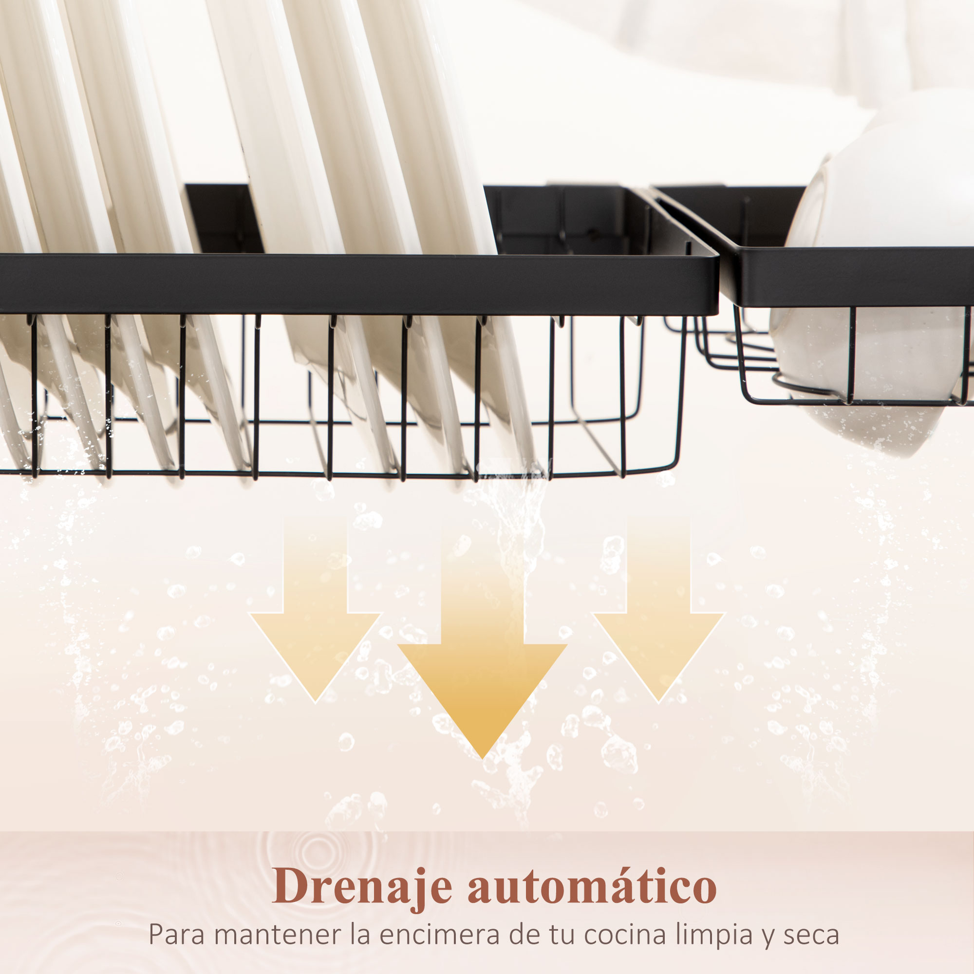 Escurridor de platos metálico negro con platos y cuencos blancos, con flechas que indican el drenaje automático de agua.