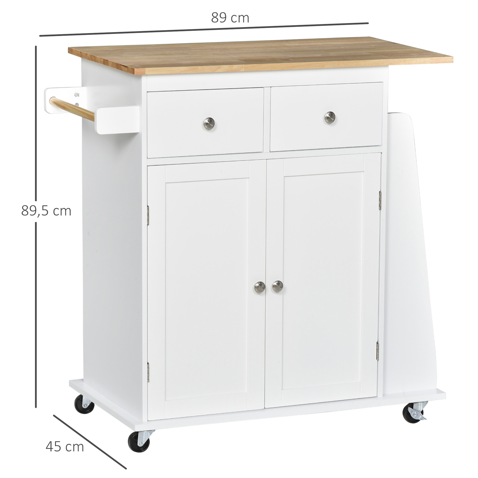 Carro de cocina blanco con ruedas, encimera de madera, dos cajones y puertas. Dimensiones: 89x45x89,5 cm.