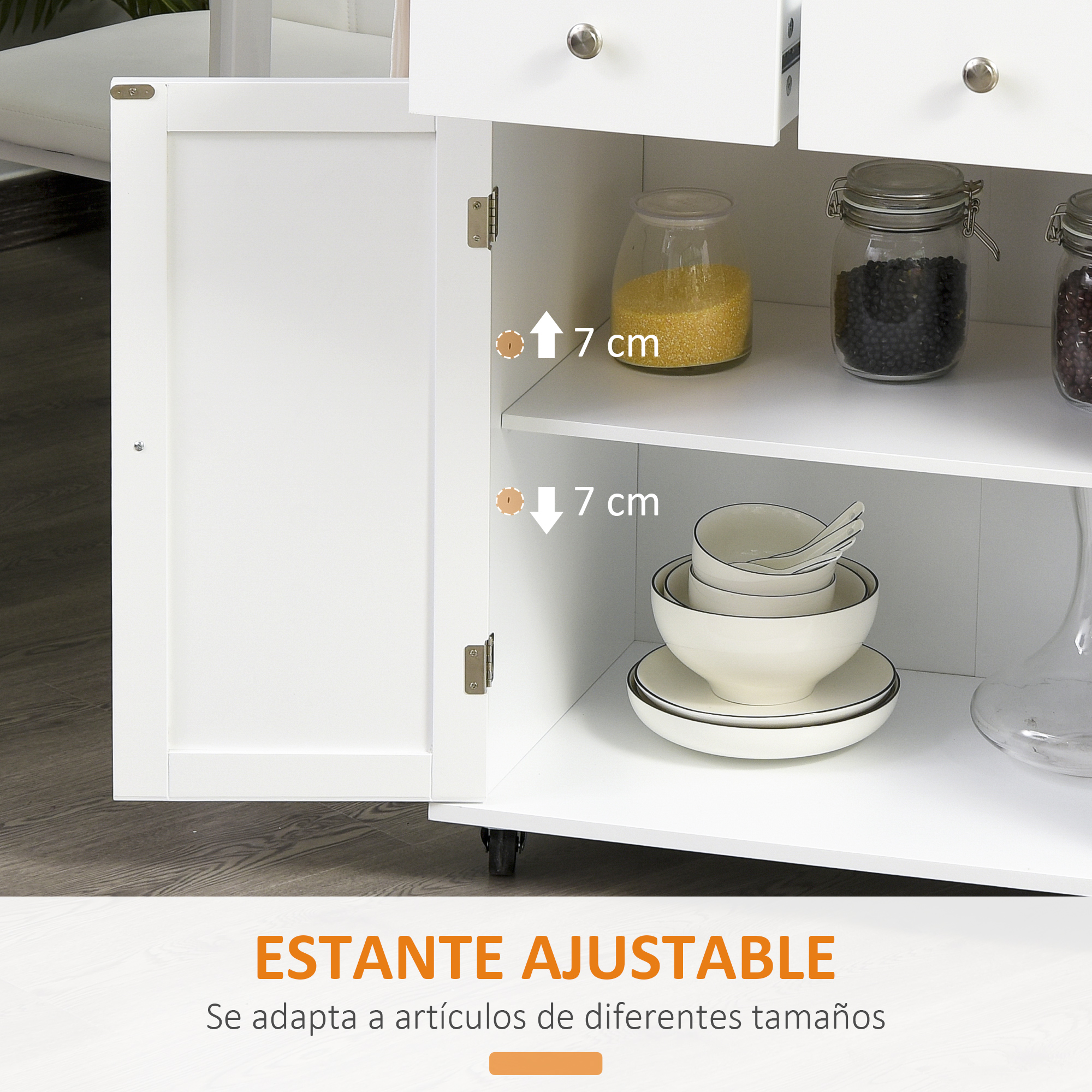 Armario de cocina blanco con estante abierto, tarros, cuencos y texto "ESTANTE AJUSTABLE".