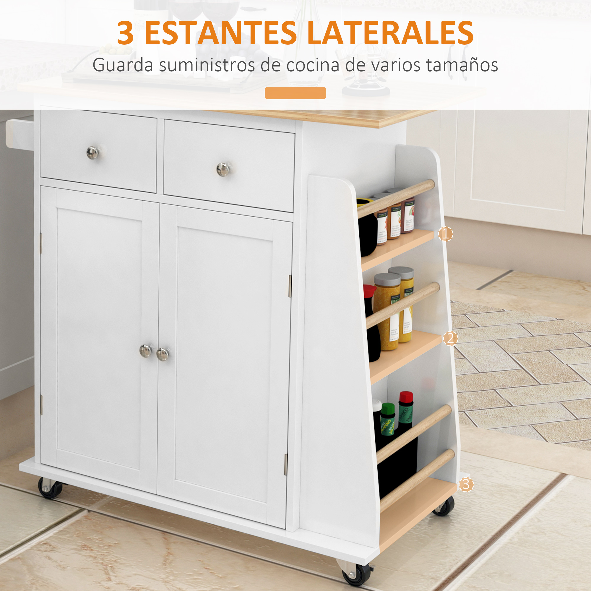Carro de cocina blanco con tapa de madera, dos cajones, puertas de armario y tres repisas laterales.