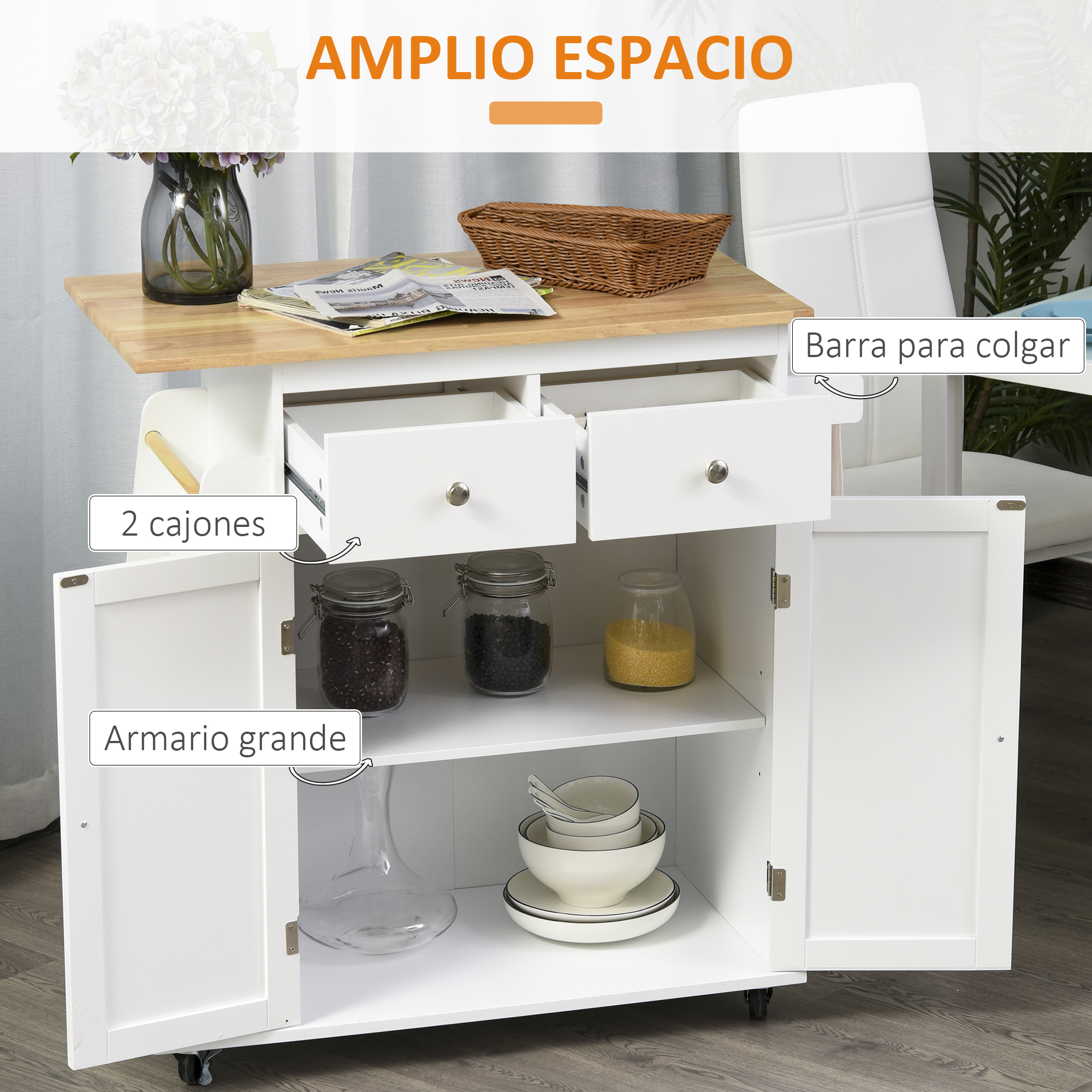 Carro de cocina blanco con tapa de madera, dos cajones y un armario grande con puertas abiertas.