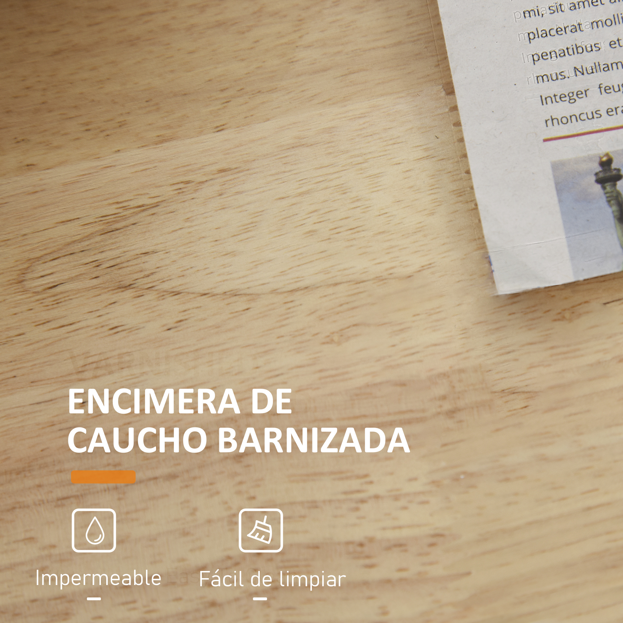 Superficie de madera con texto en español e iconos de impermeable y fácil de limpiar.