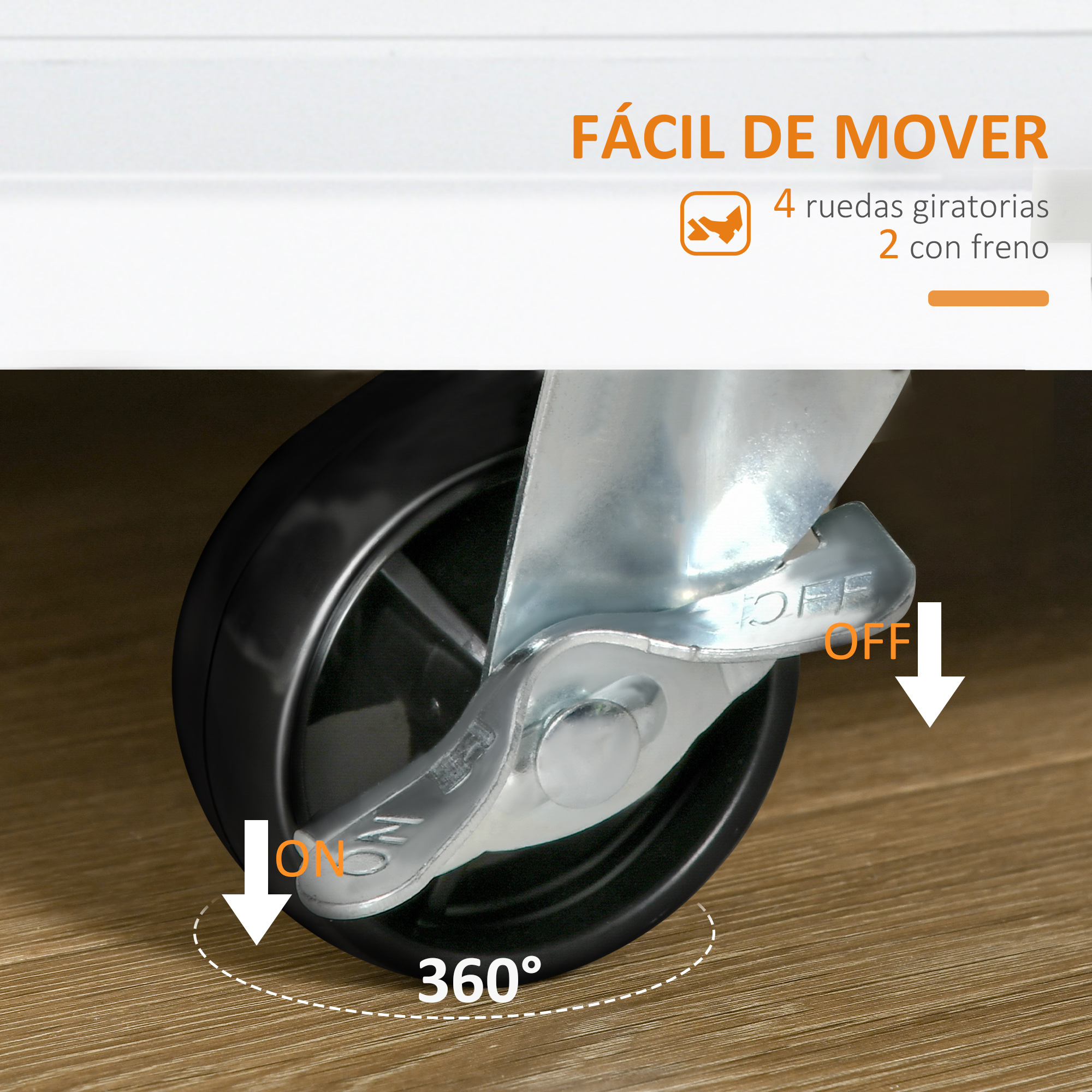 Una rueda de mueble giratoria negra de 360 grados con soporte plateado y freno en suelo de madera.