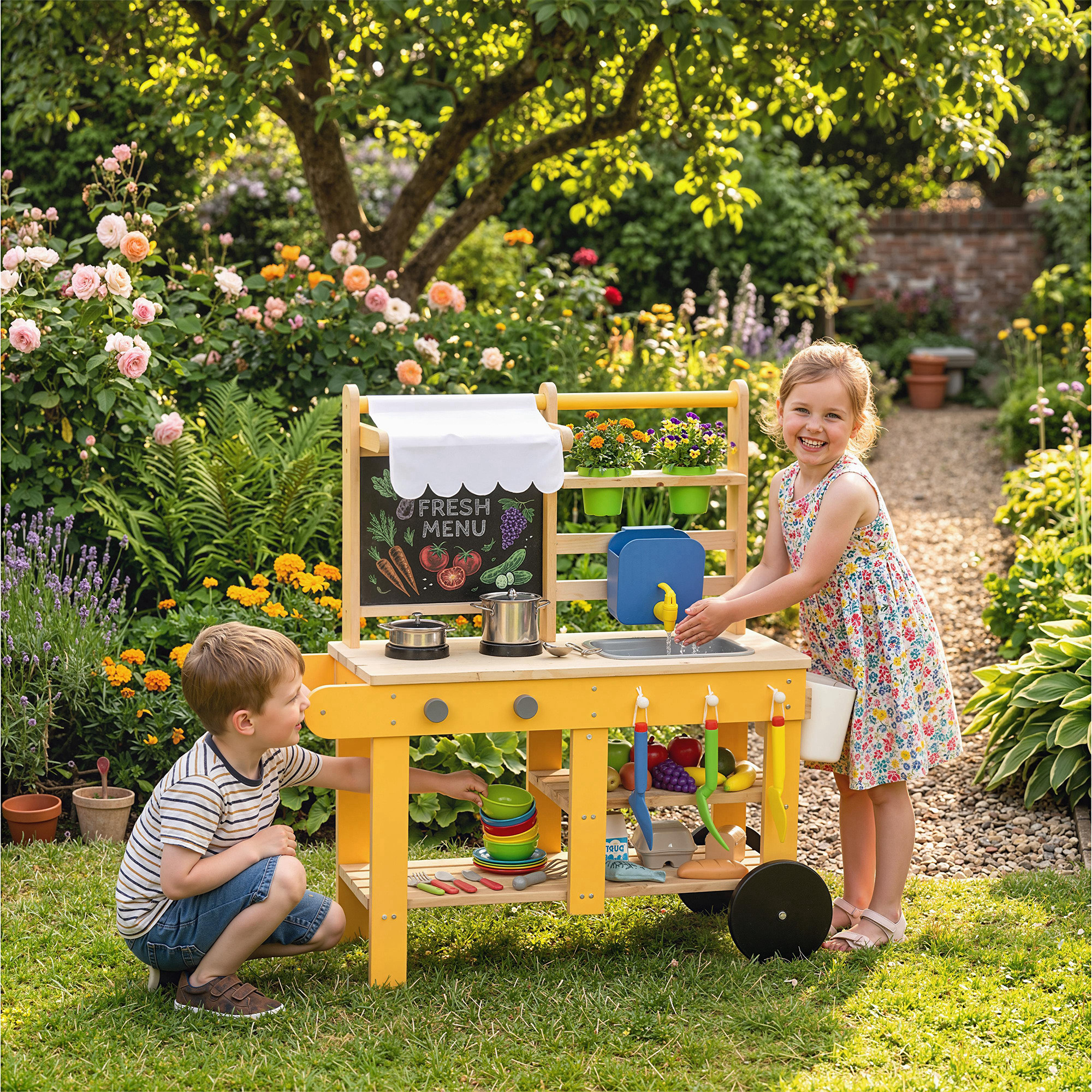 Dos niños jugando con una cocina de juguete de madera al aire libre en un jardín verde con flores.
