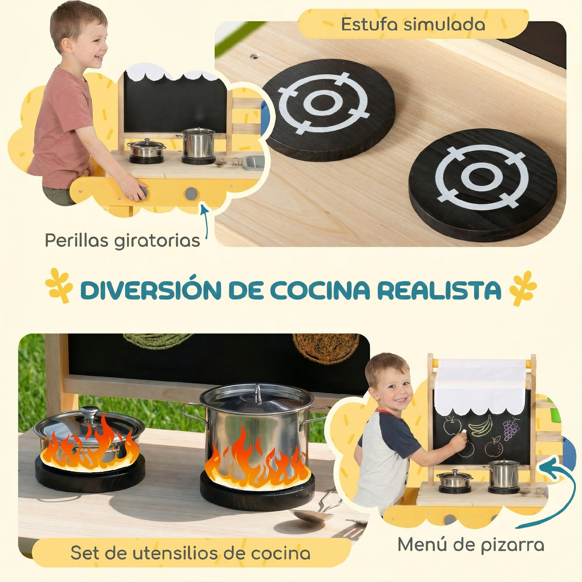 Niño jugando con una cocina de juguete de madera con ollas, perillas y menú de pizarra.