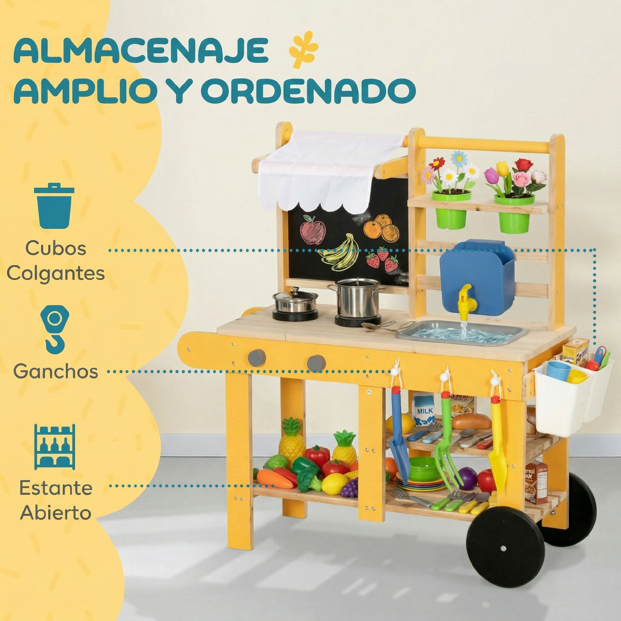Un carrito de cocina de juguete de madera con ollas, frutas y accesorios, estantes y textos explicativos.