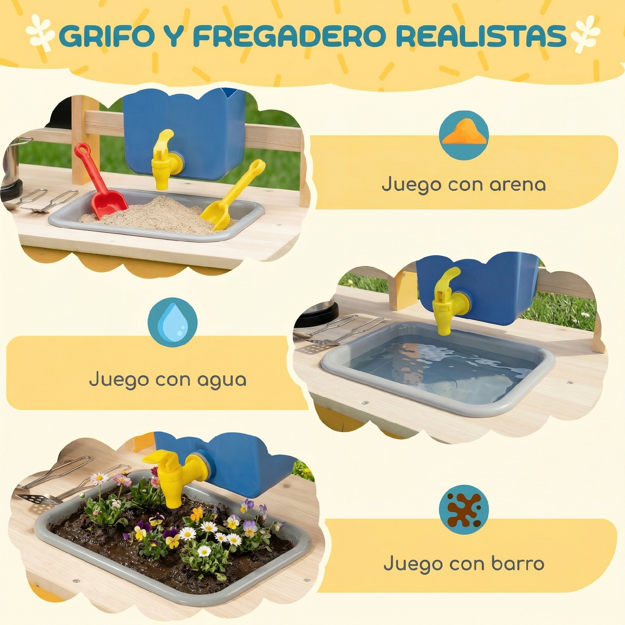 Fregadero de cocina de juguete con juego de arena, agua y barro con flores coloridas.