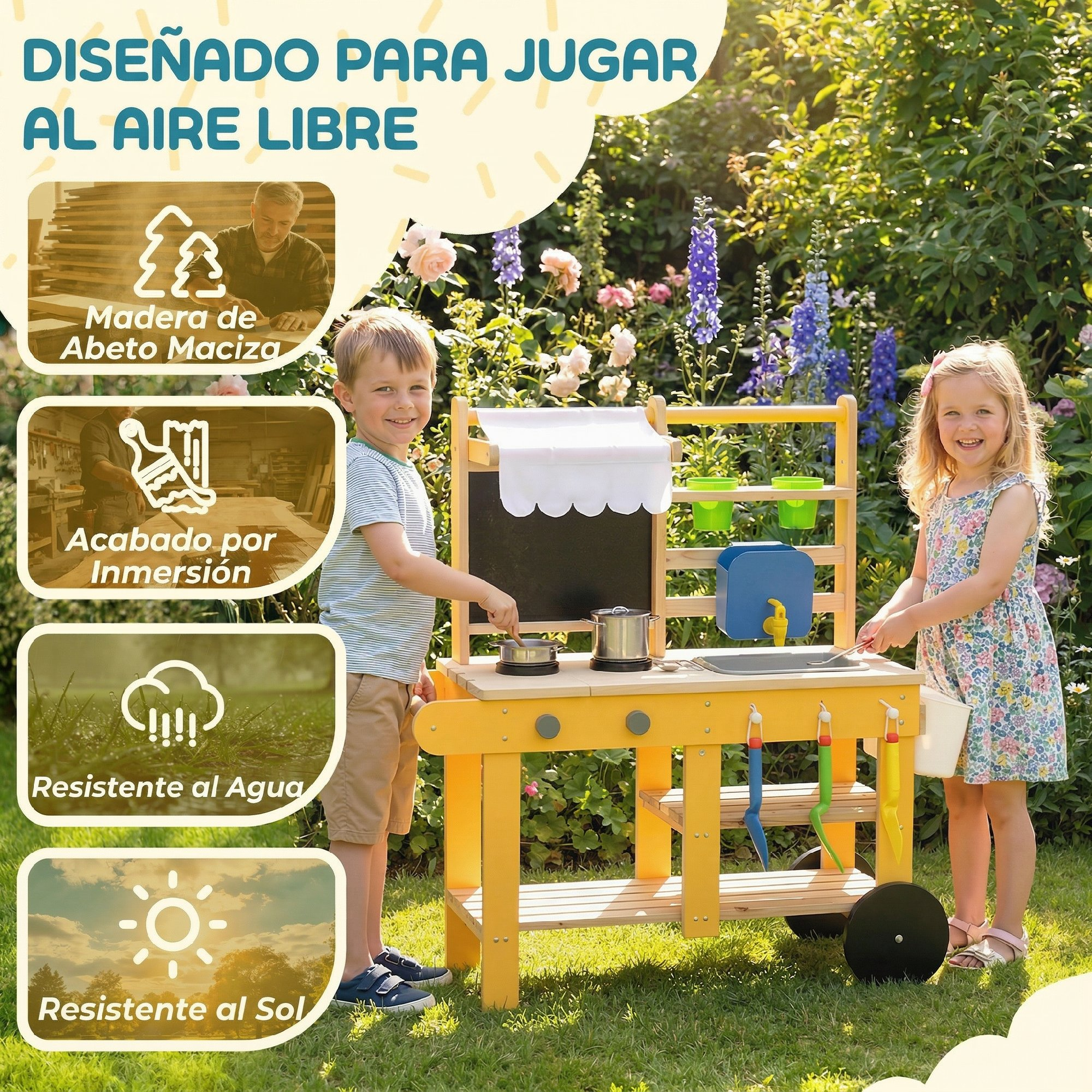 Dos niños jugando en un jardín con una cocinita de madera amarilla.