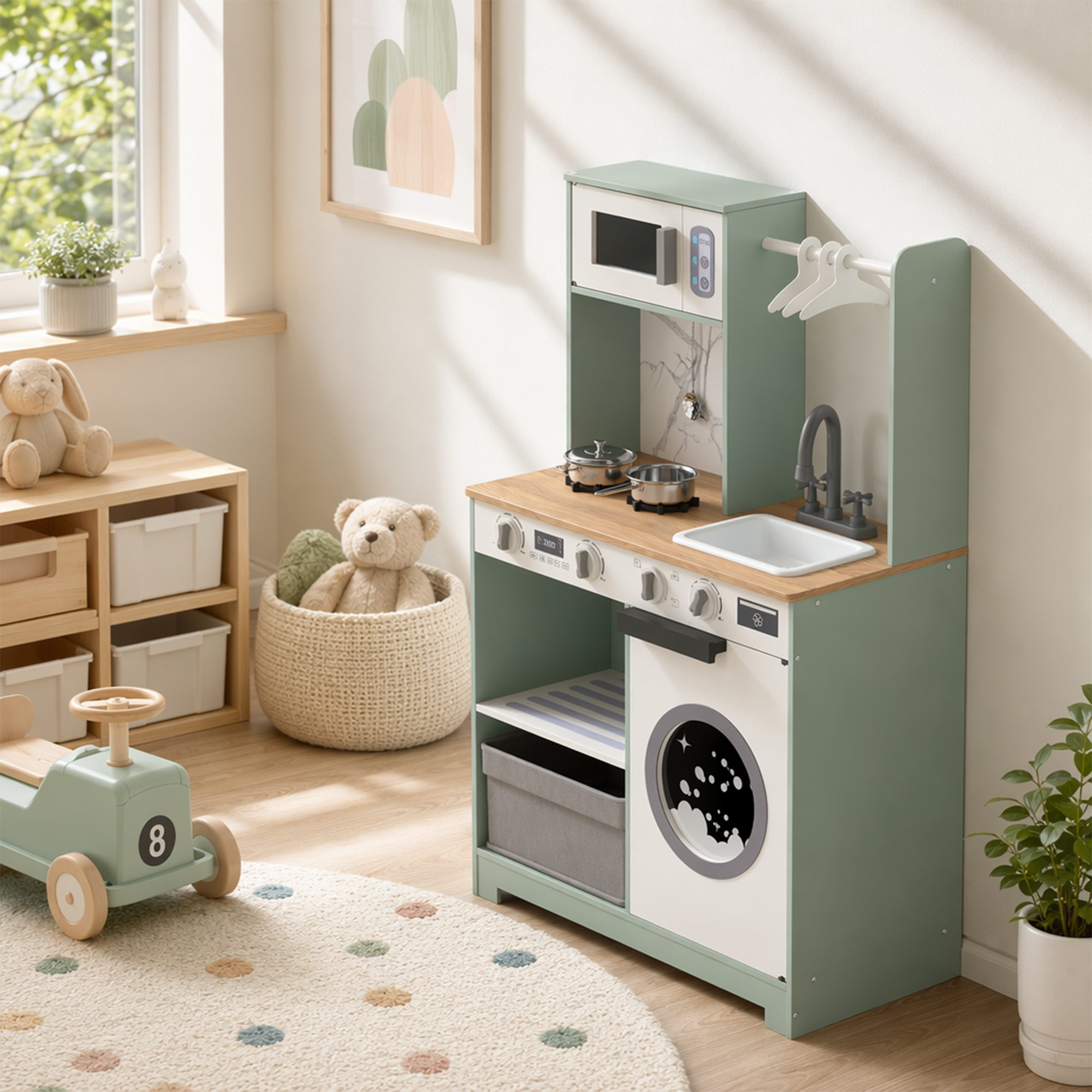 Cocina de juguete de madera verde con lavadora y accesorios en una habitación infantil.