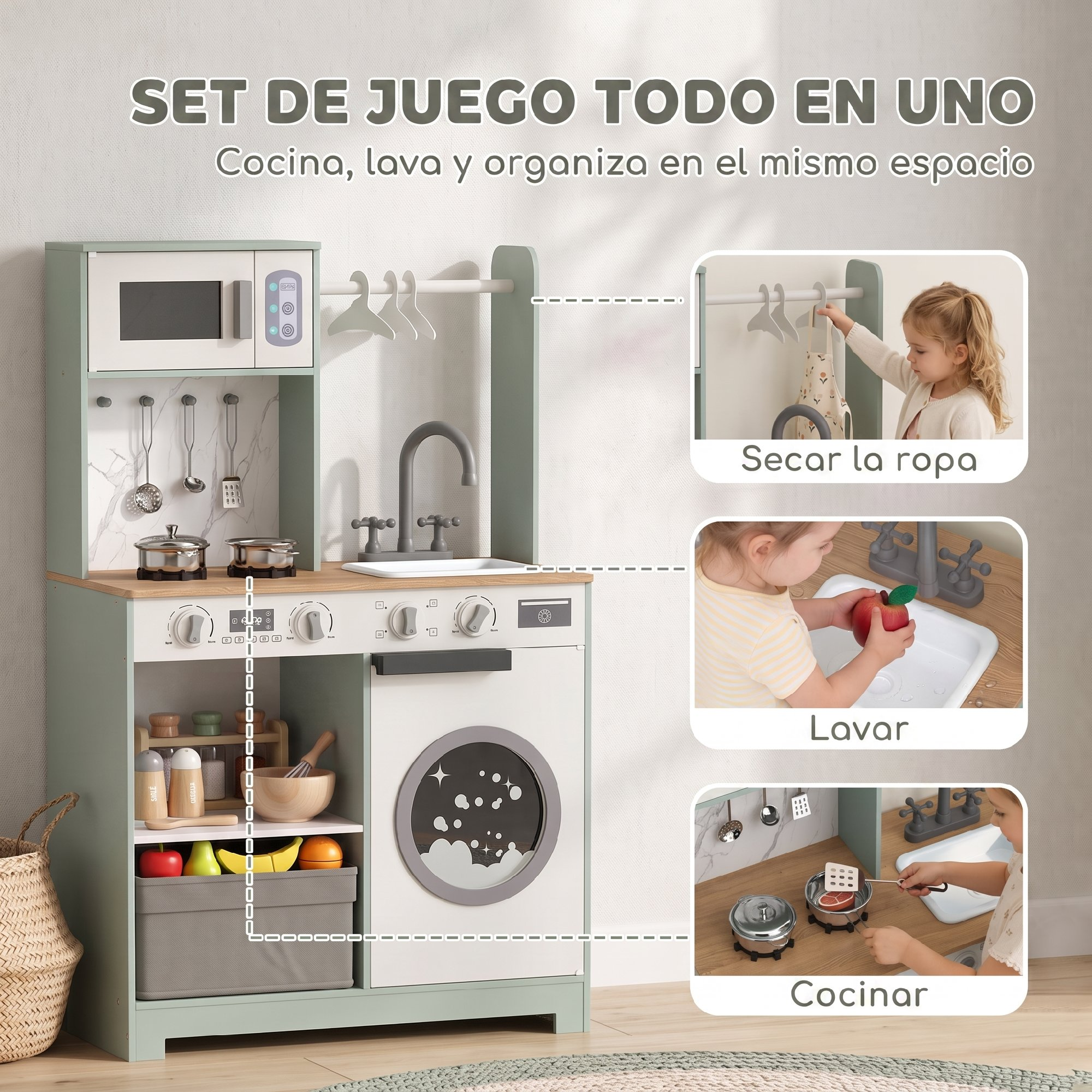 Cocina de juguete de madera con microondas, fregadero, lavadora y accesorios. Niños jugando.