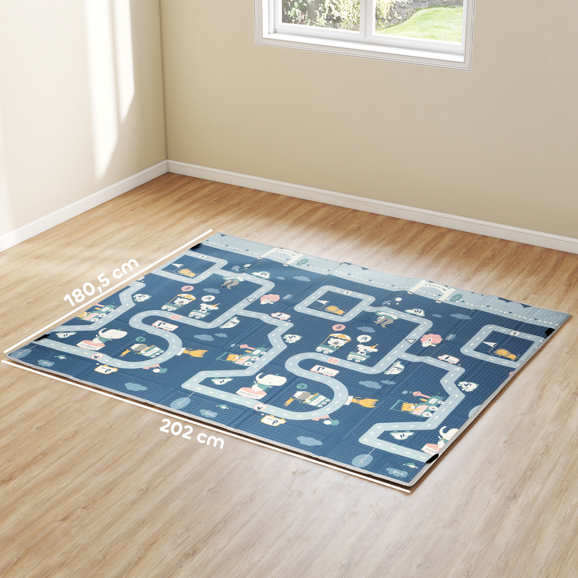 Alfombra de juego infantil con patrón de carretera azul en suelo de madera, de 202x180.5 cm.