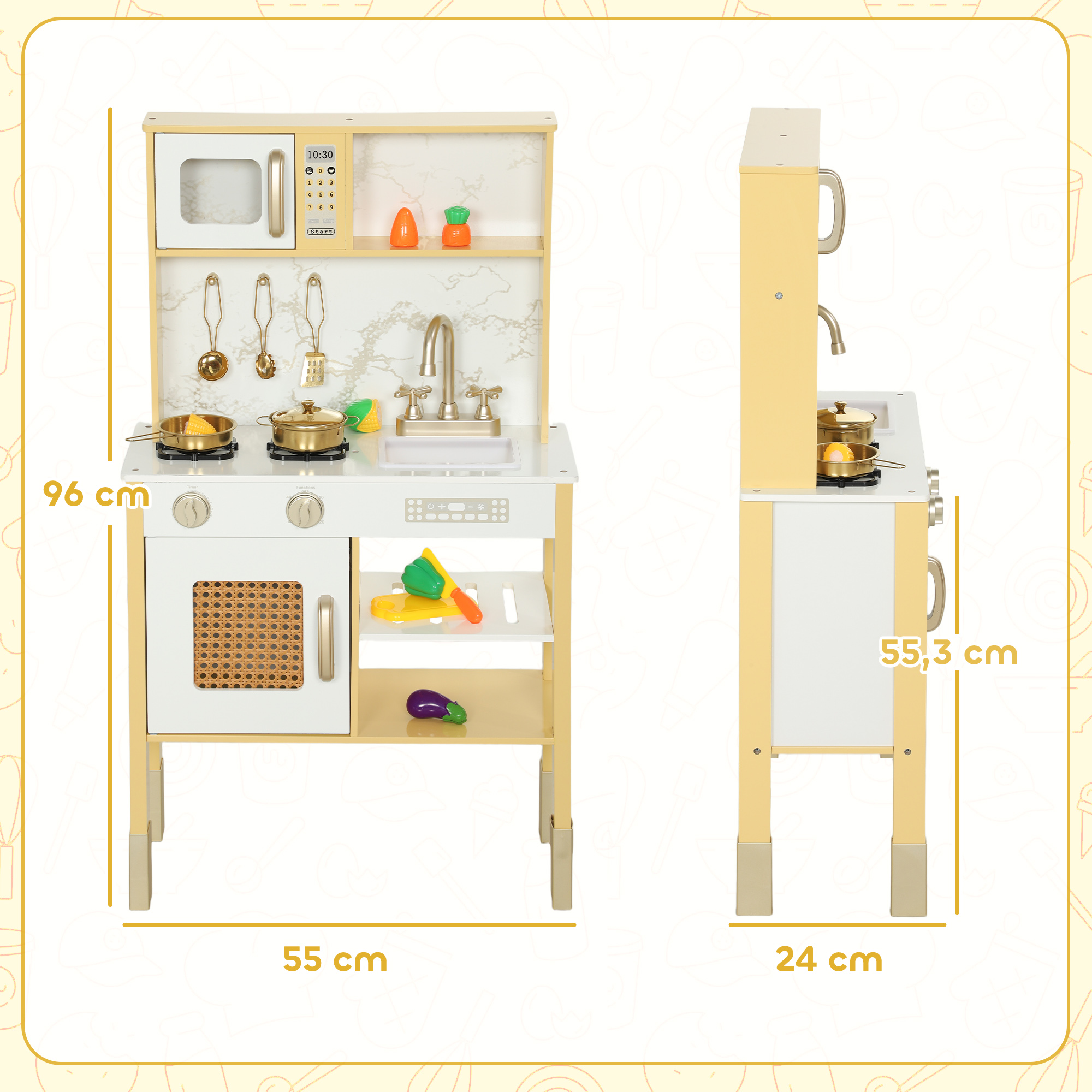 Cocina de juguete de madera con accesorios, horno, fregadero y medidas.