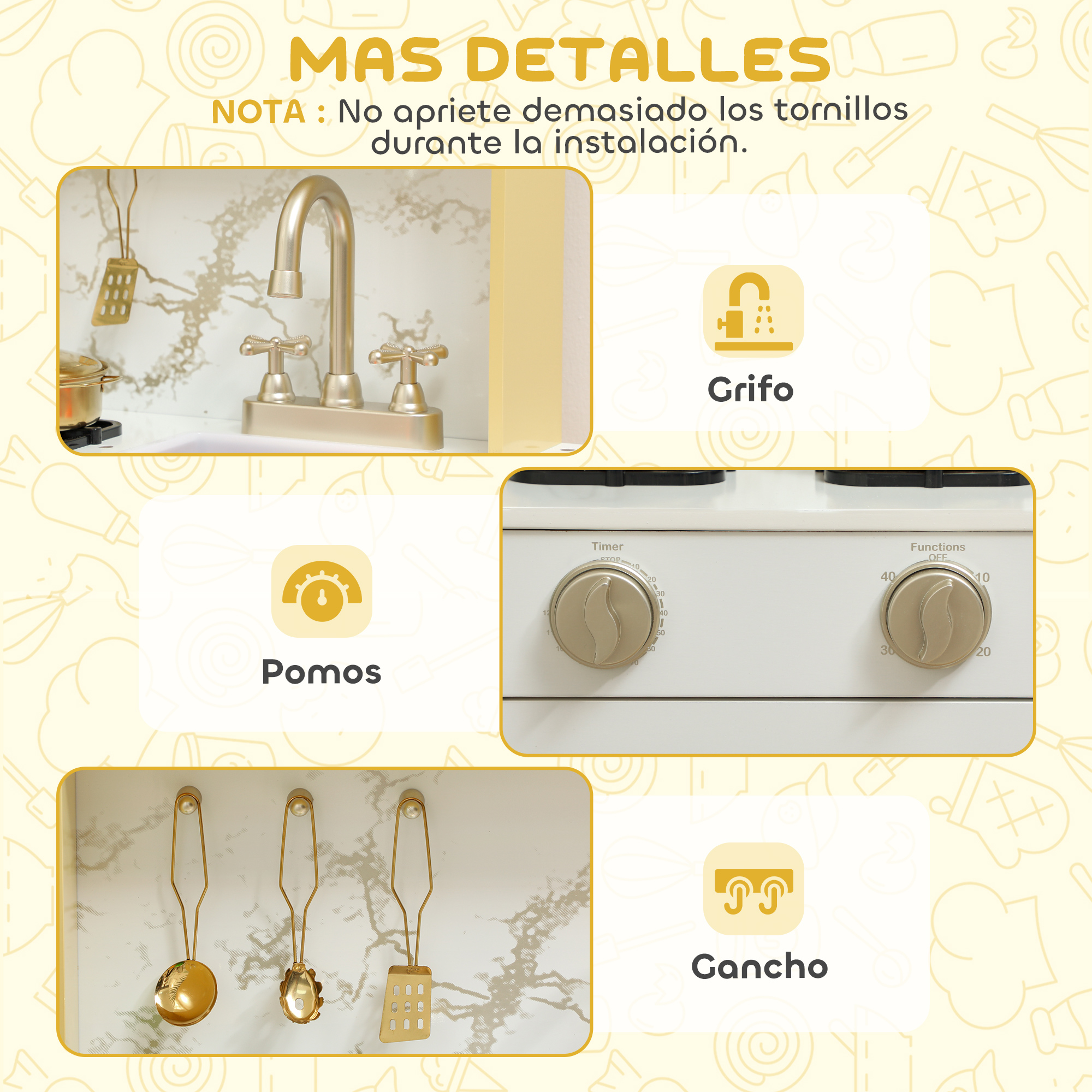 Imagen instructiva con grifo, pomos y ganchos dorados para una cocina de juguete.