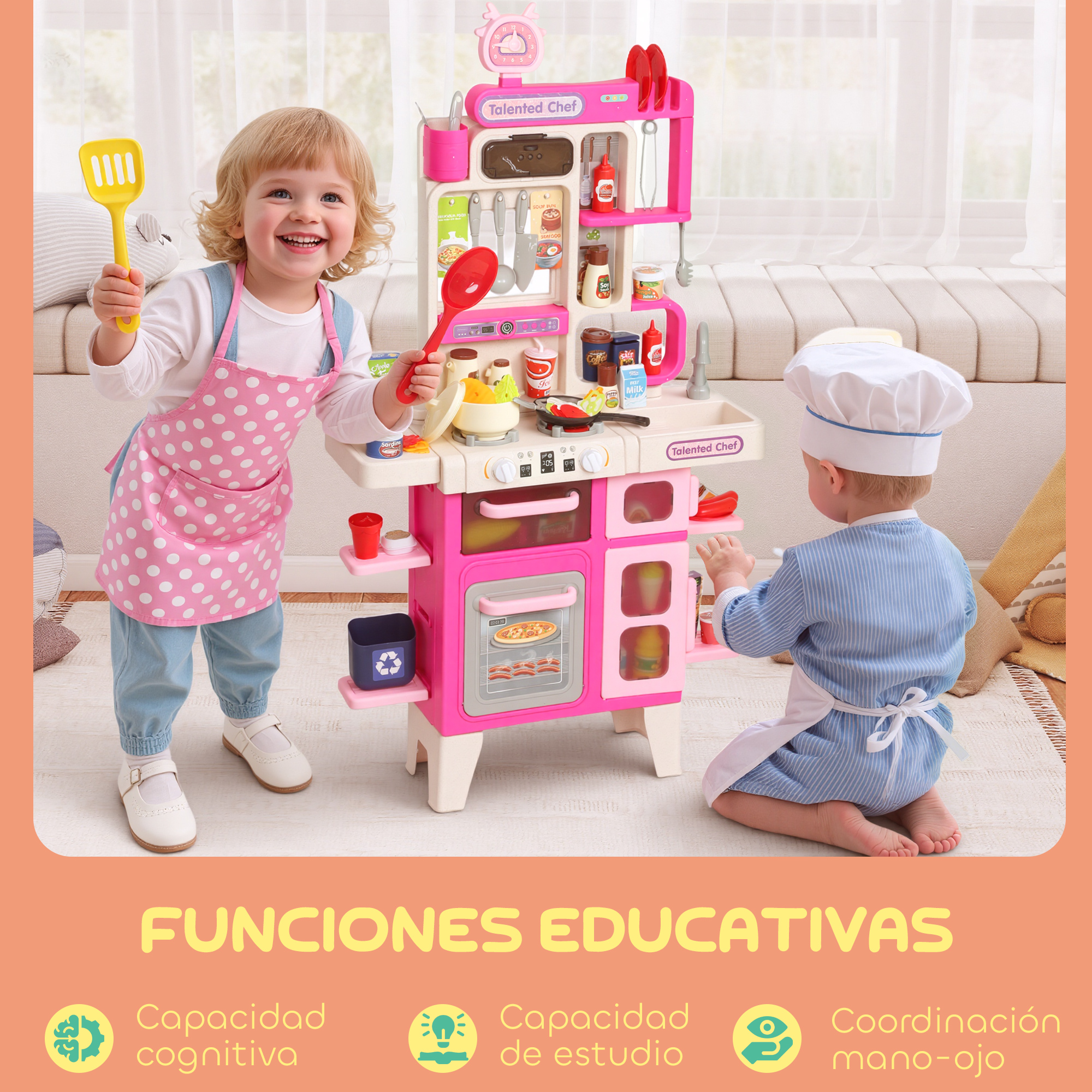 Niños con delantales juegan con una cocina de juguete rosa.
