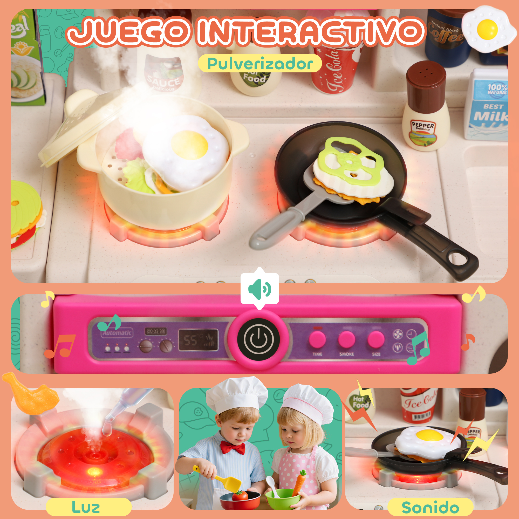 Juego de cocina con estufa iluminada, olla con huevo frito, sartén y niños jugando a ser chefs.