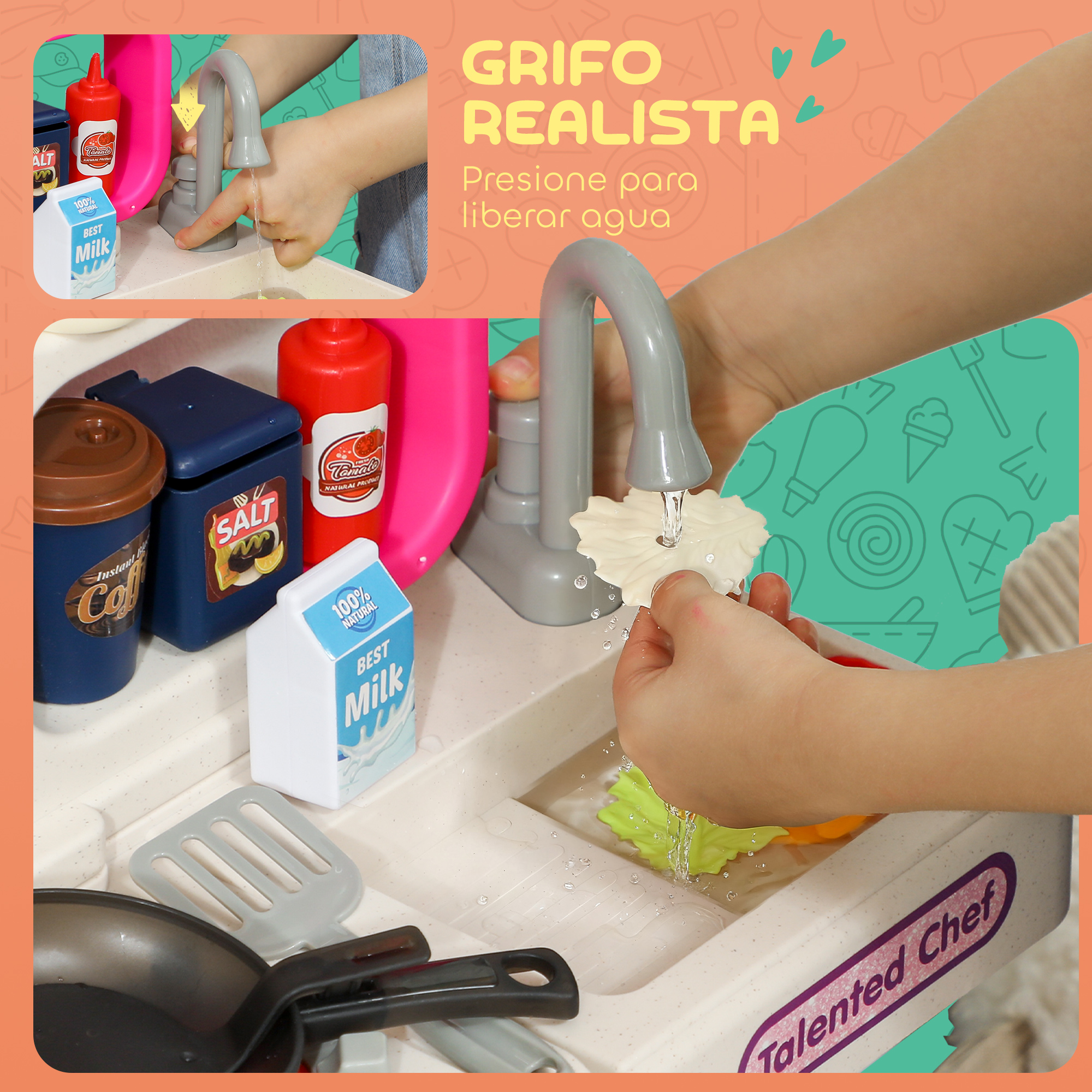 Un niño lava juguetes de plástico bajo un grifo en un fregadero de cocina de juguete.