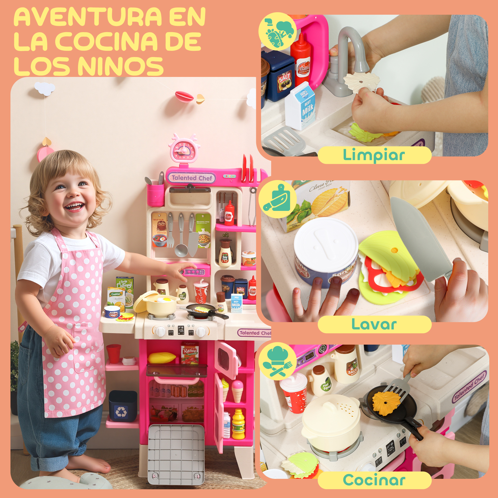 Un niño sonriente jugando con una cocina de juguete rosa con utensilios y alimentos en miniatura.