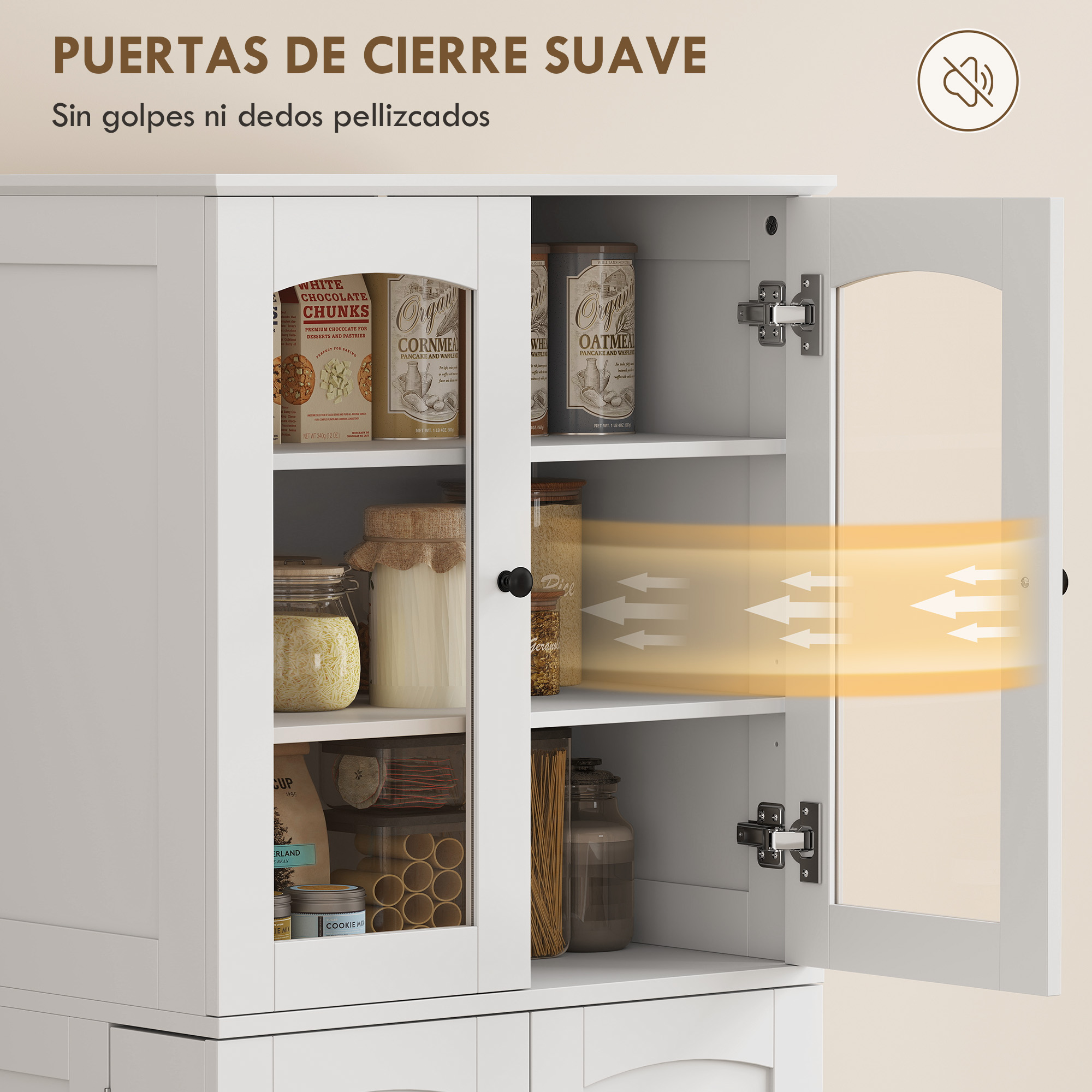 Gabinete blanco con puertas de vidrio y alimentos, mostrando bisagras de cierre suave con flechas.