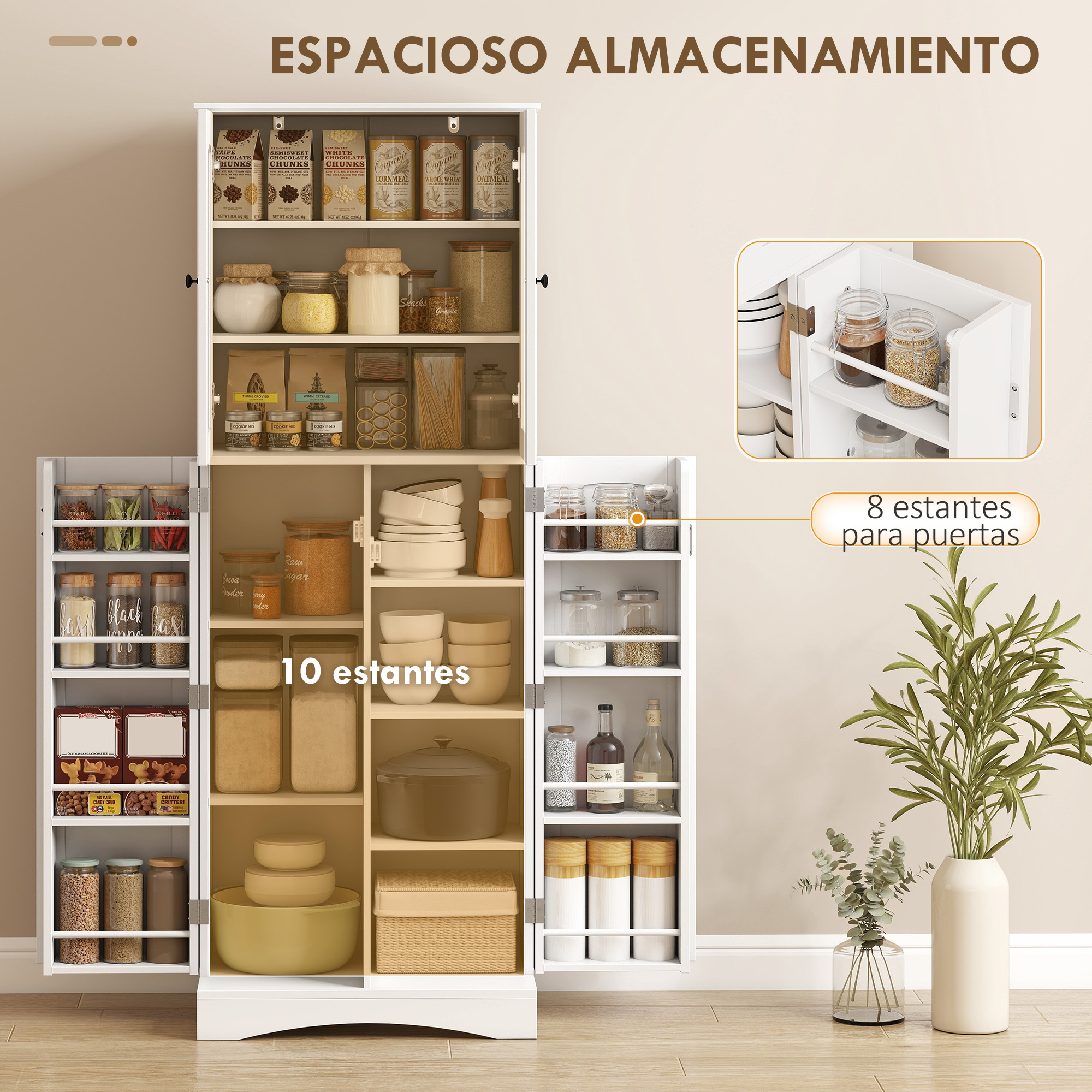 Un armario despensa blanco con puertas abiertas muestra estantes llenos de comida, frascos y ollas.