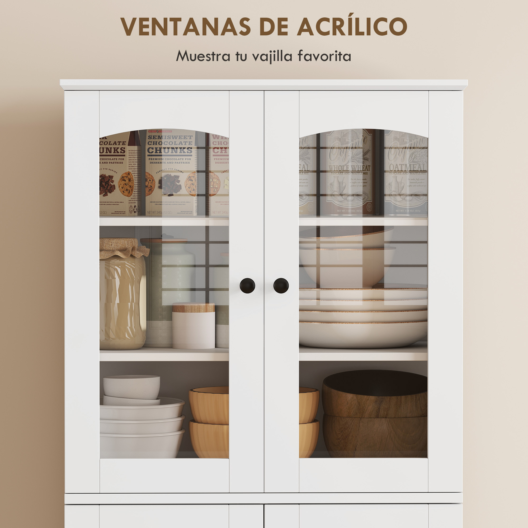 Un armario blanco con puertas de vidrio muestra platos, cuencos y tarros.
