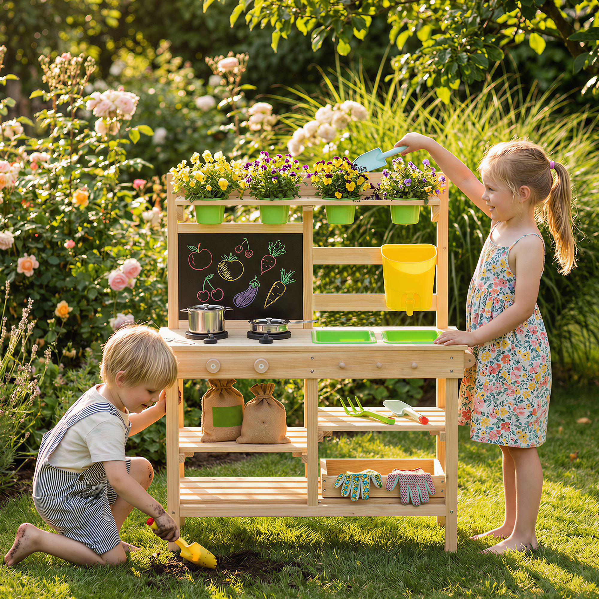 Dos niños juegan en una cocina de juguete de madera en un jardín con flores y juguetes.