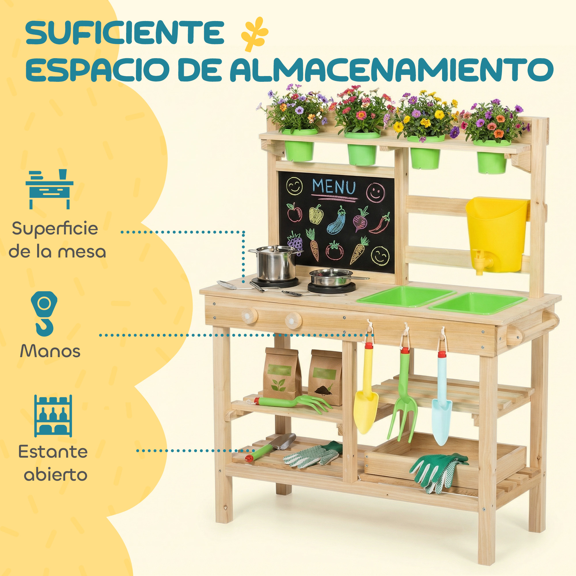 Cocina y estación de jardinería infantil de madera con pizarra, macetas y estantes.